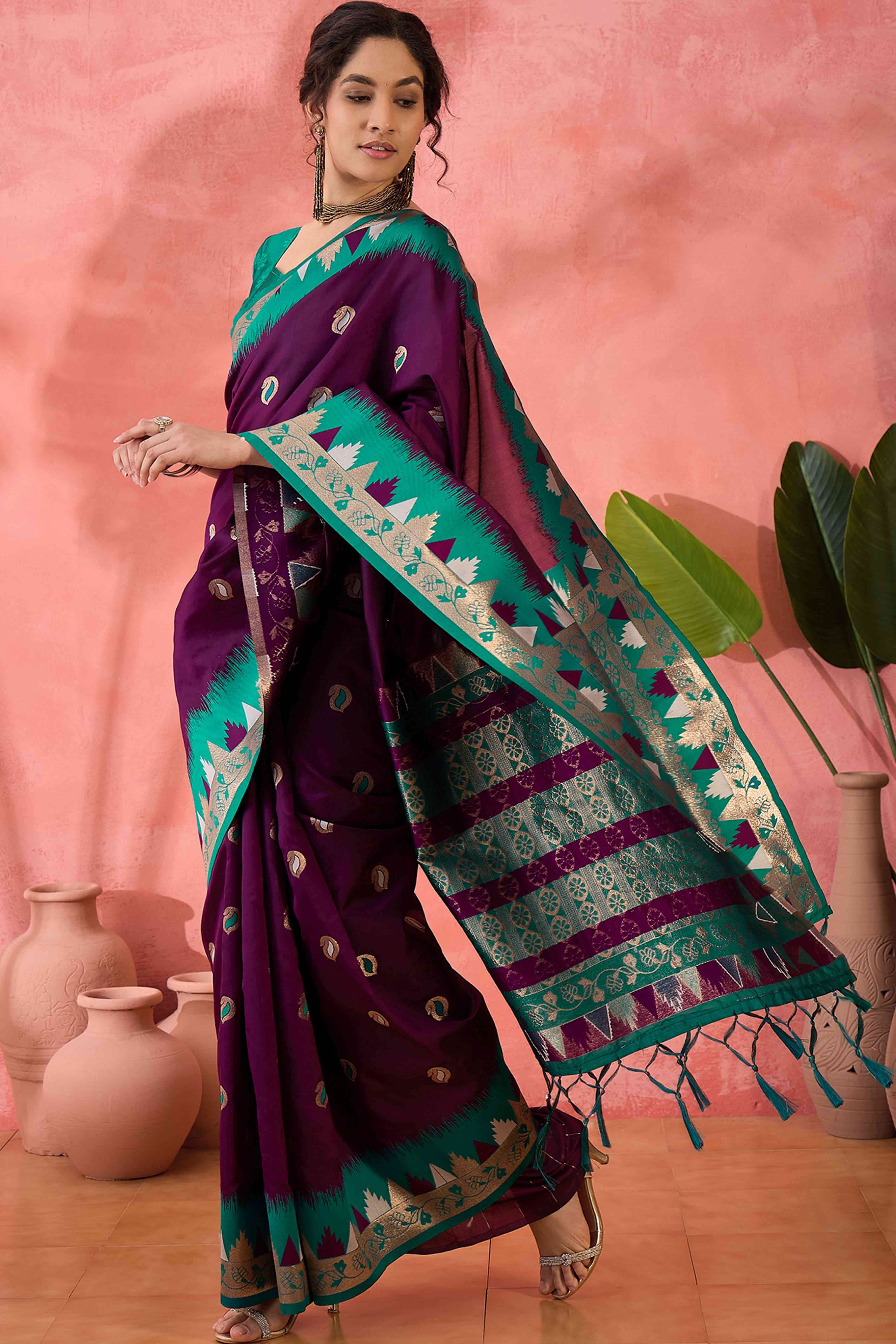 Wine Zari Woven Poly Silk Saree Enhanced With Graceful Tassel Detailing