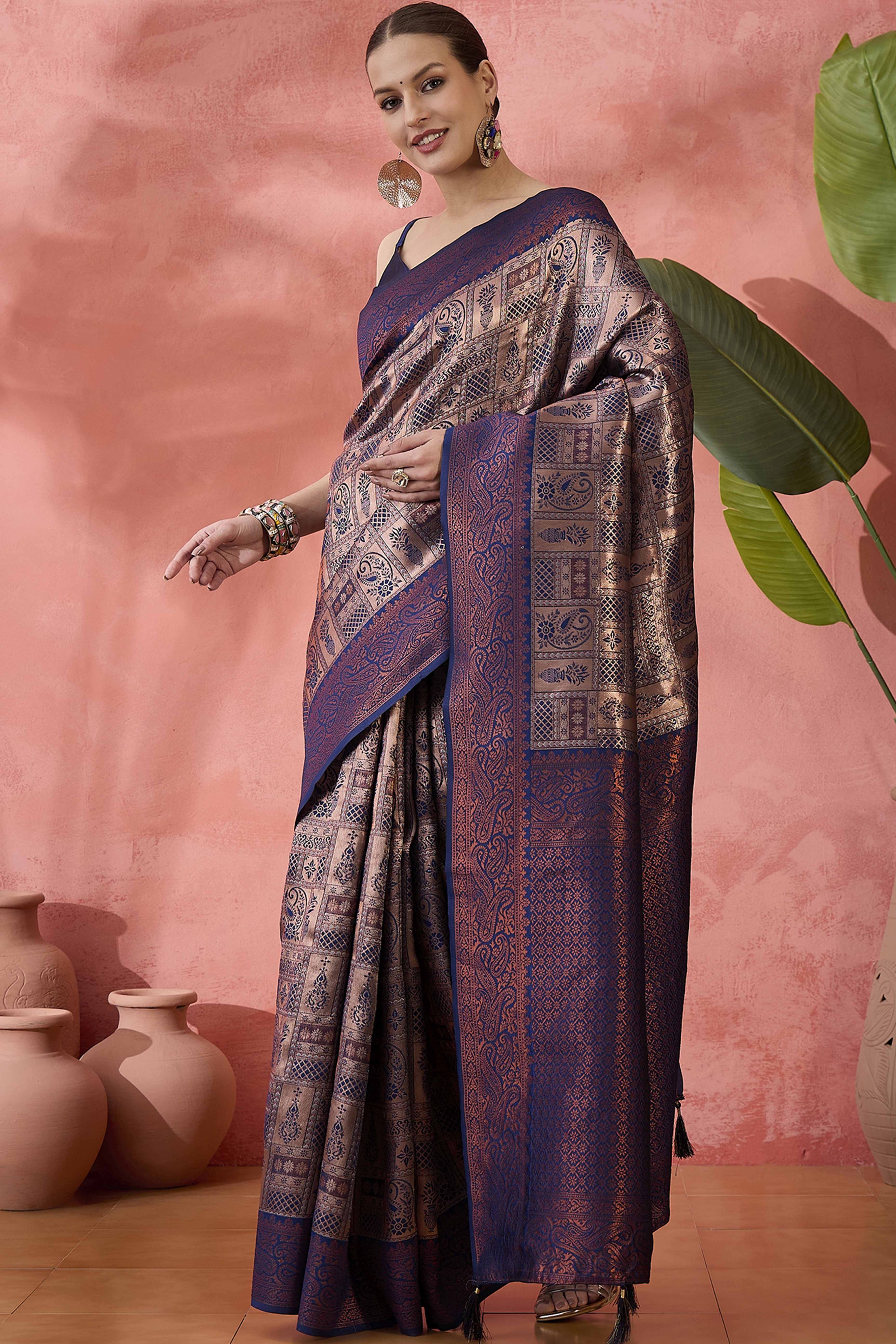 Navy Blue Woven Poly Silk Blend Saree Featuring Floral & Paisley Motifs With Tassel Accents