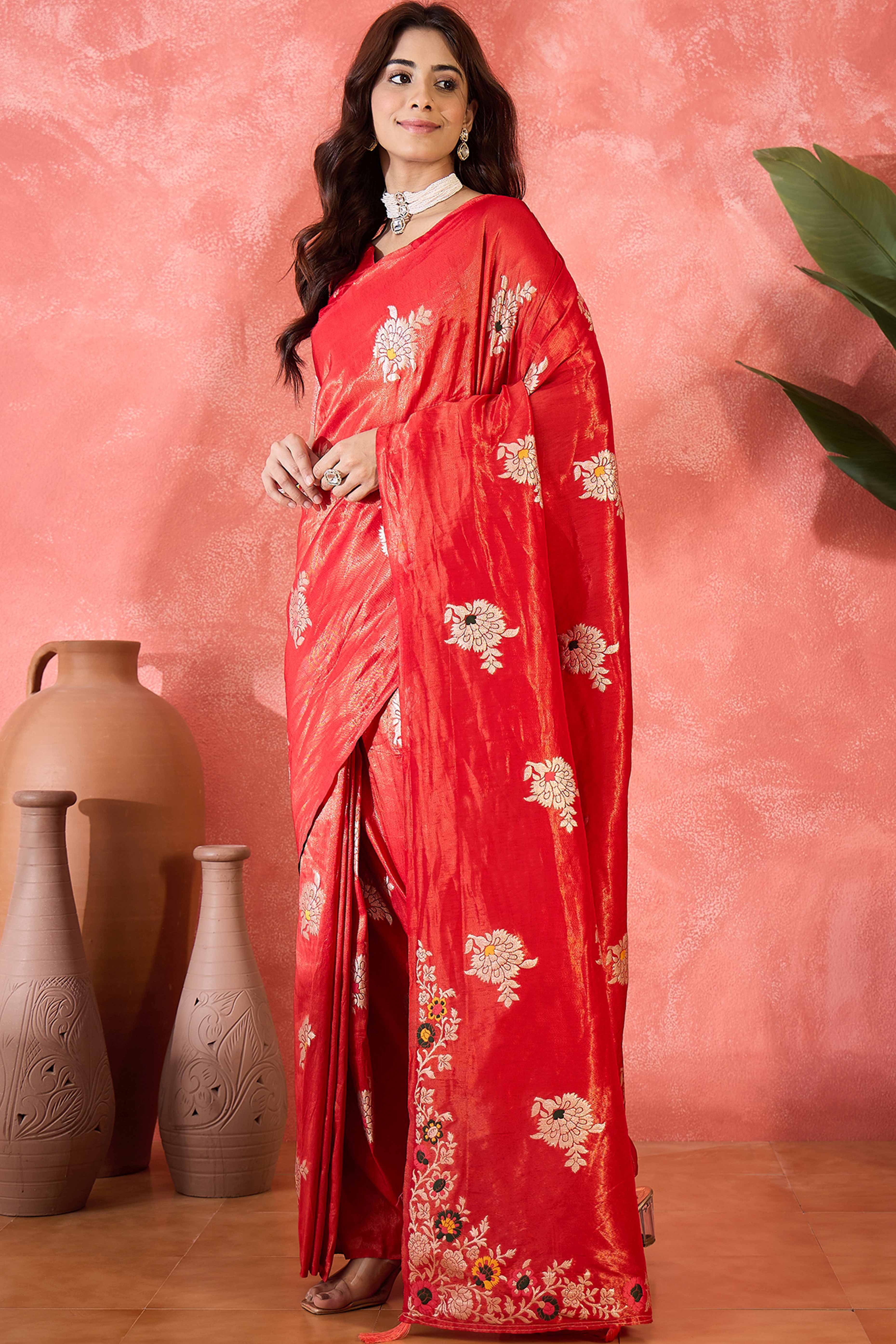 Cherry Red Shimmer Saree Featuring Intricate Floral Zari Weaving & Tassel Finish