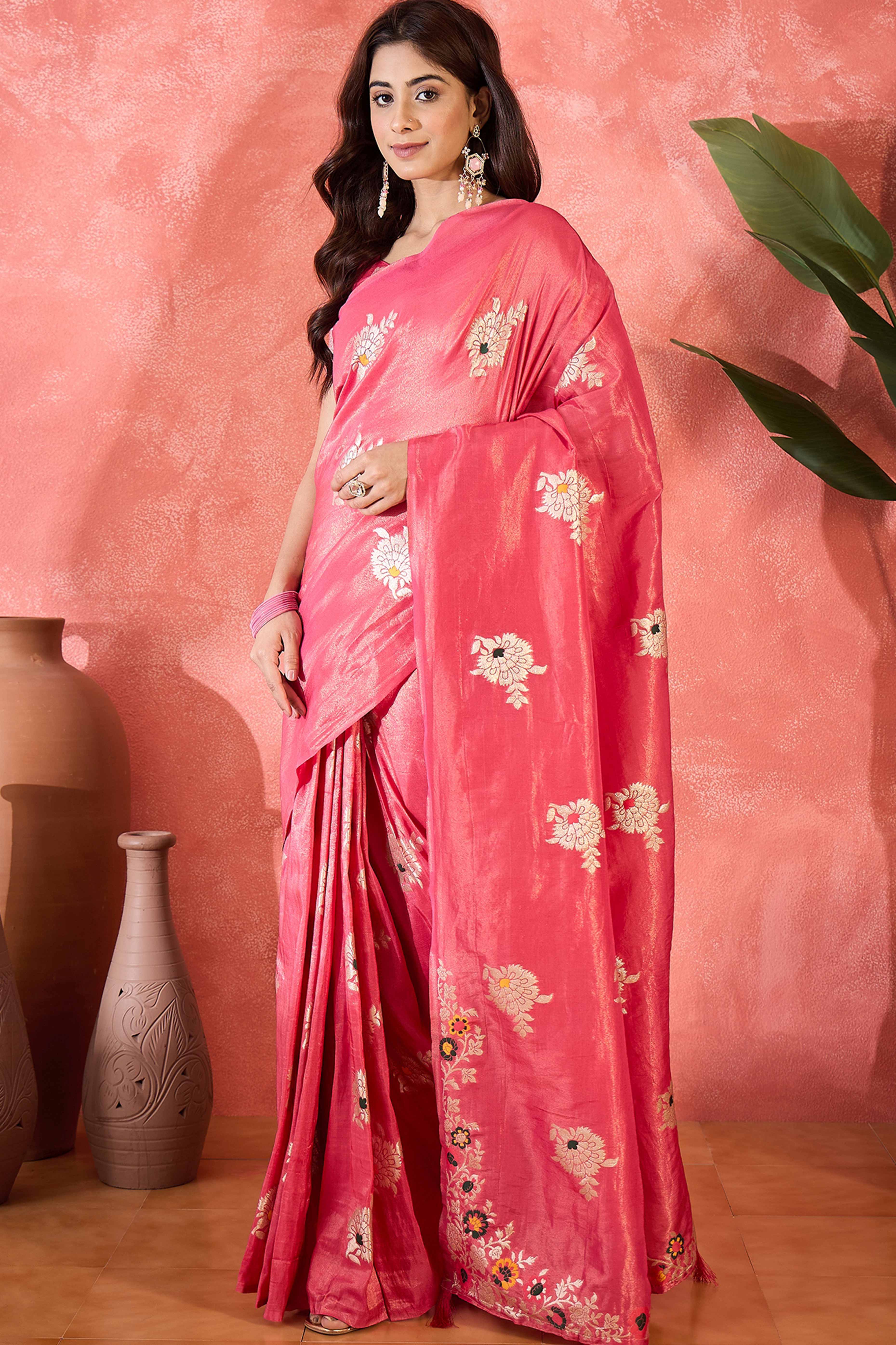 Pink Shimmer Saree Featuring Intricate Floral Zari Weaving & Tassel Finish