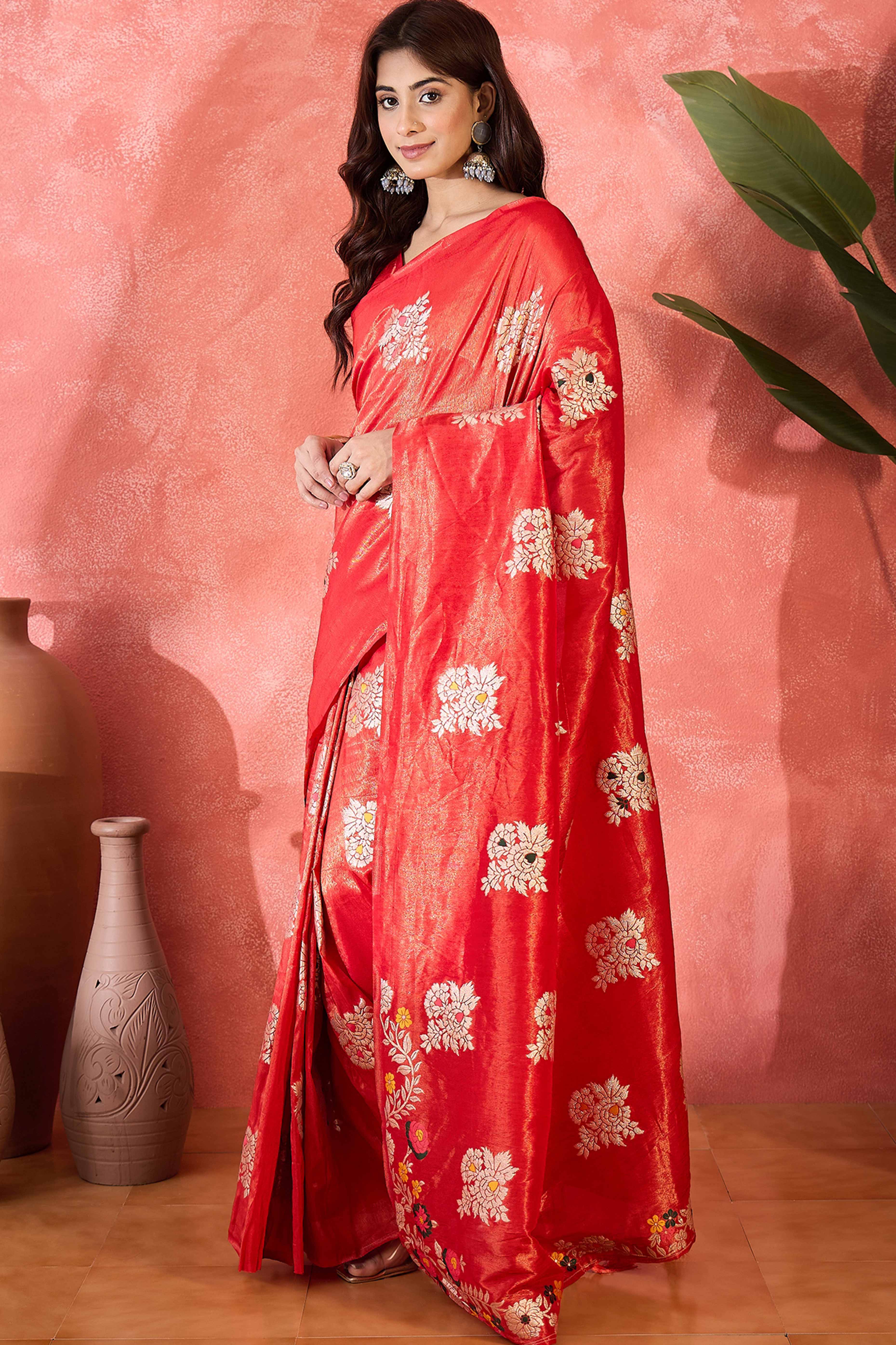 Red Saree In Shimmer Fabric With Floral Zari Weaving & Decorative Tassel Pallu