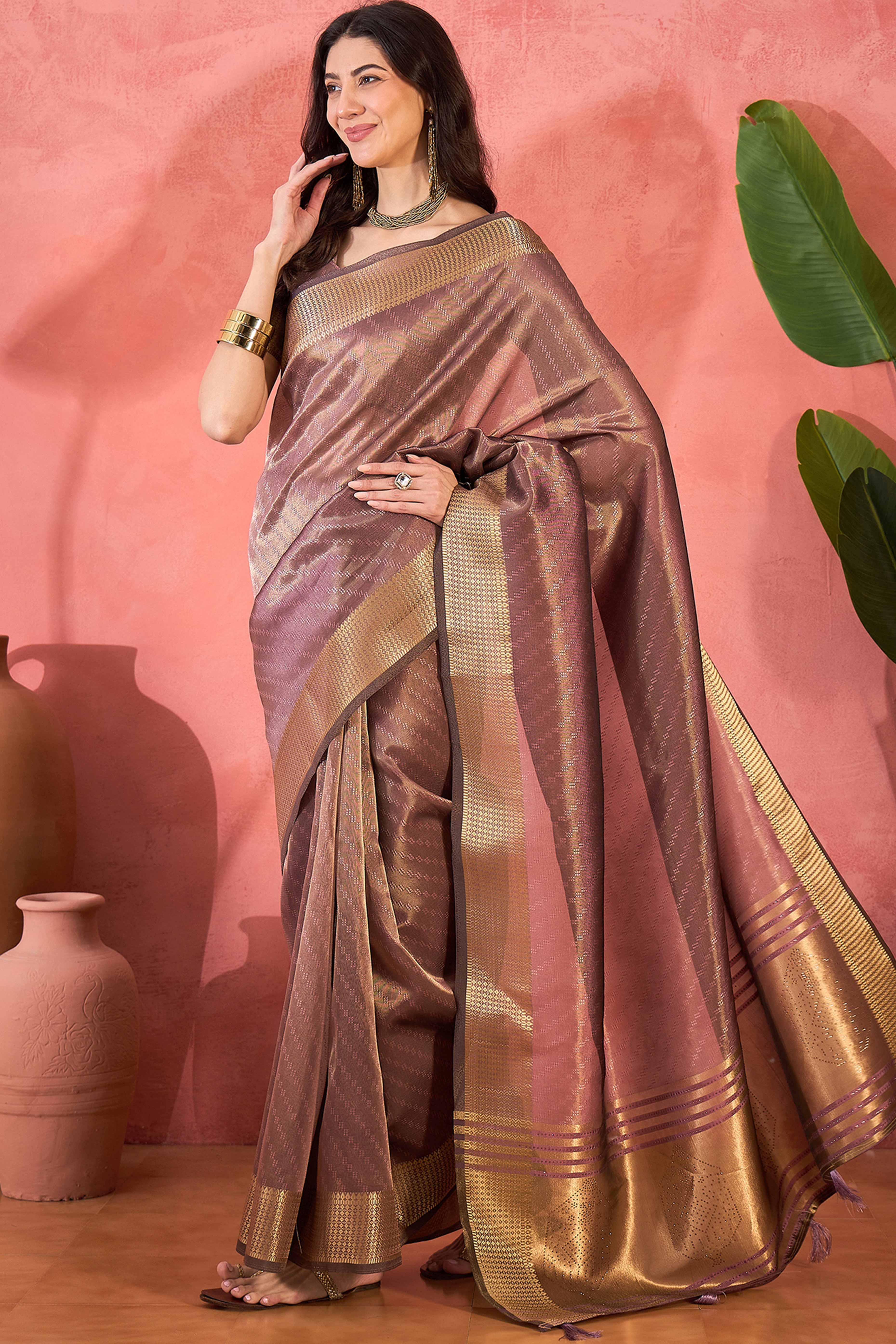 Dusty Rose Pink Khadi Organza Saree Intricate Weaving & Sparkling Stonework With Tassel Pallu