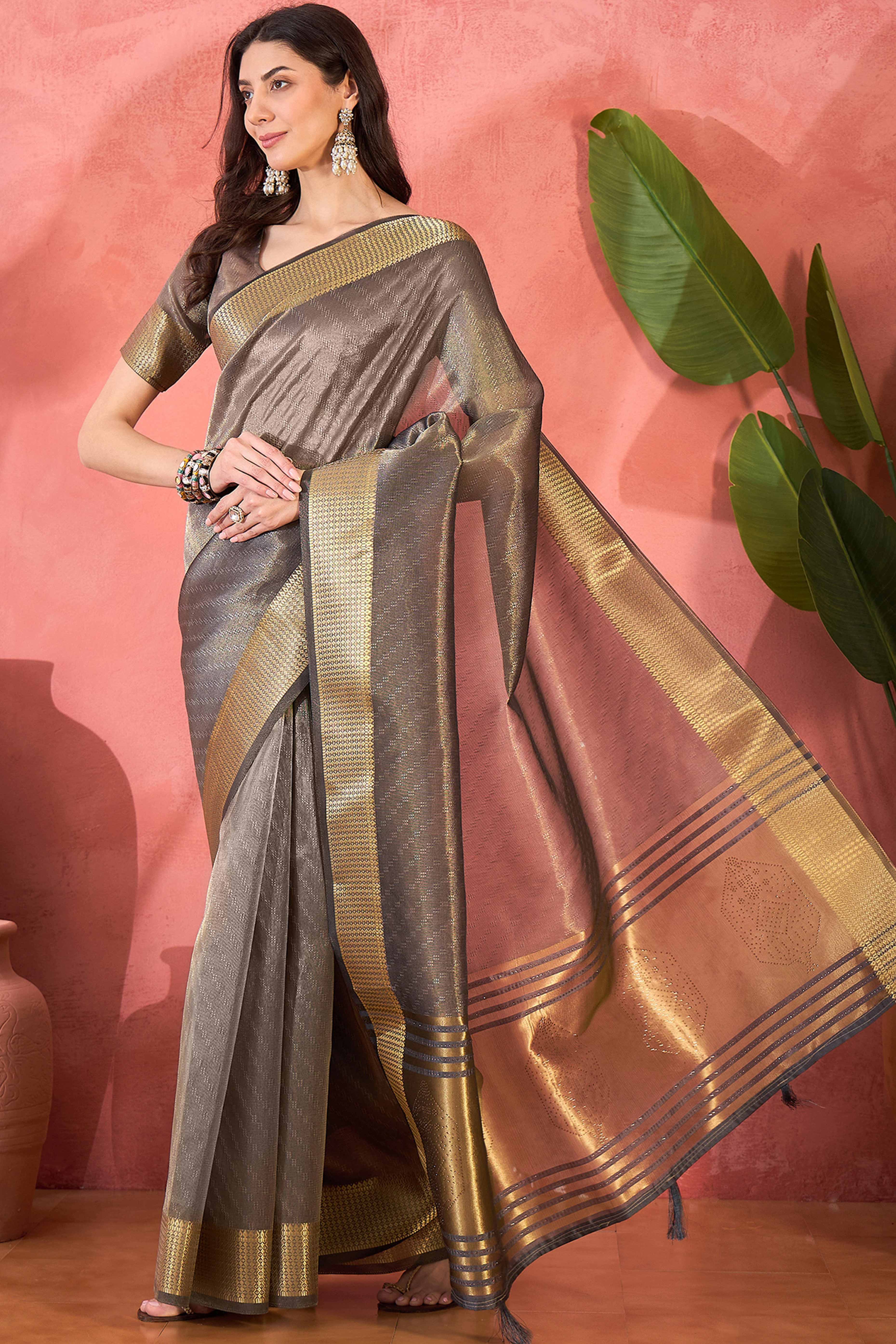 Grey Khadi Organza Saree Intricate Weaving & Sparkling Stonework With Tassel Pallu