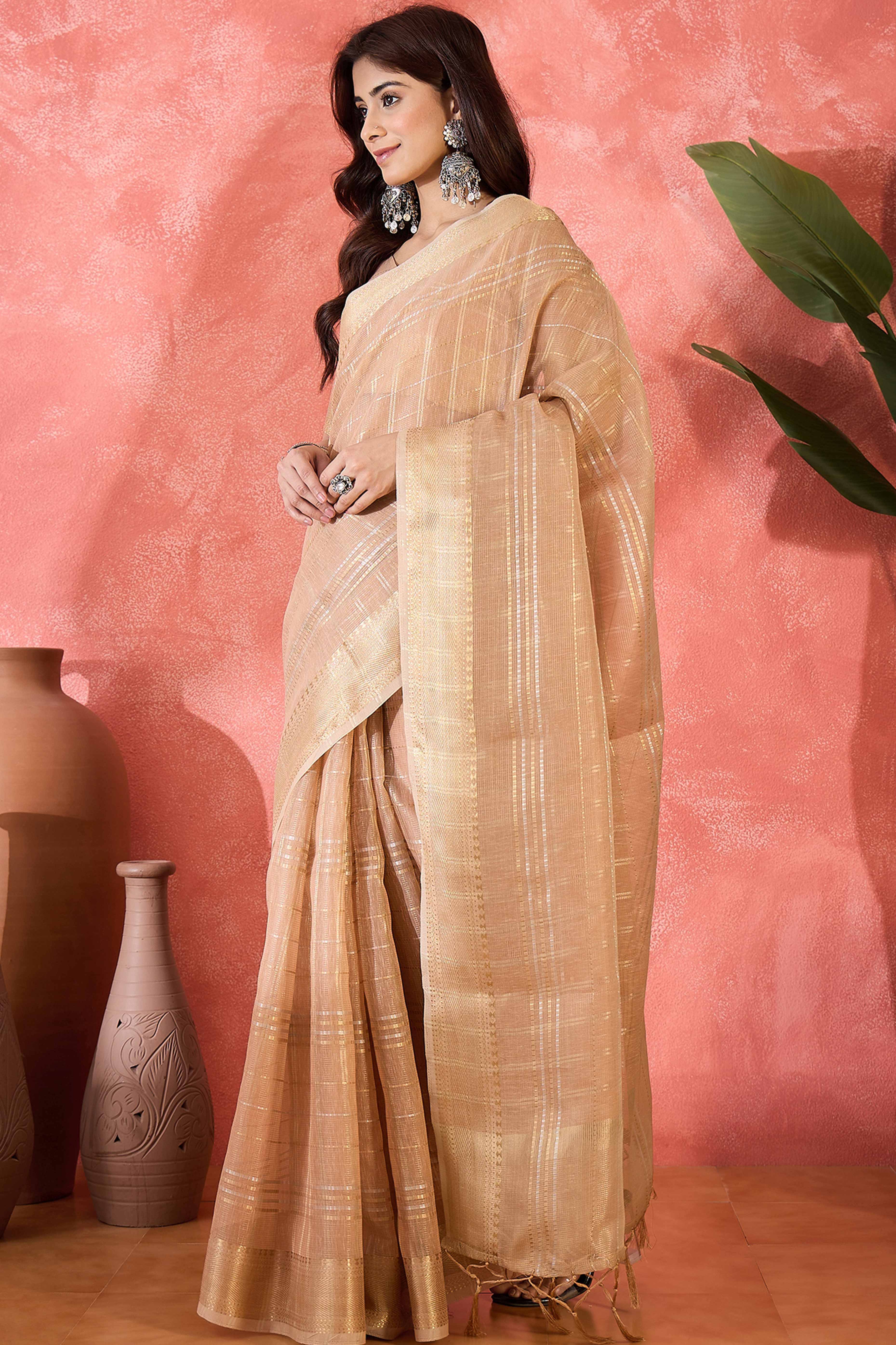 Light Peach Zari Woven Khadi Organza Saree Featuring Classic Checks & Tassel Detailing