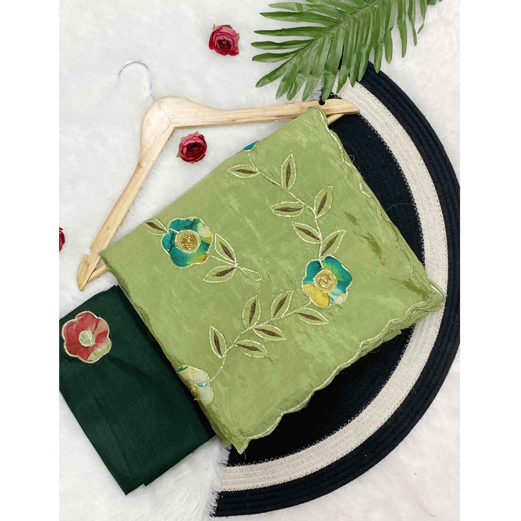 Green Crush-Style Silk Blend Saree Enhanced with Beautiful Patch Work Embroidery