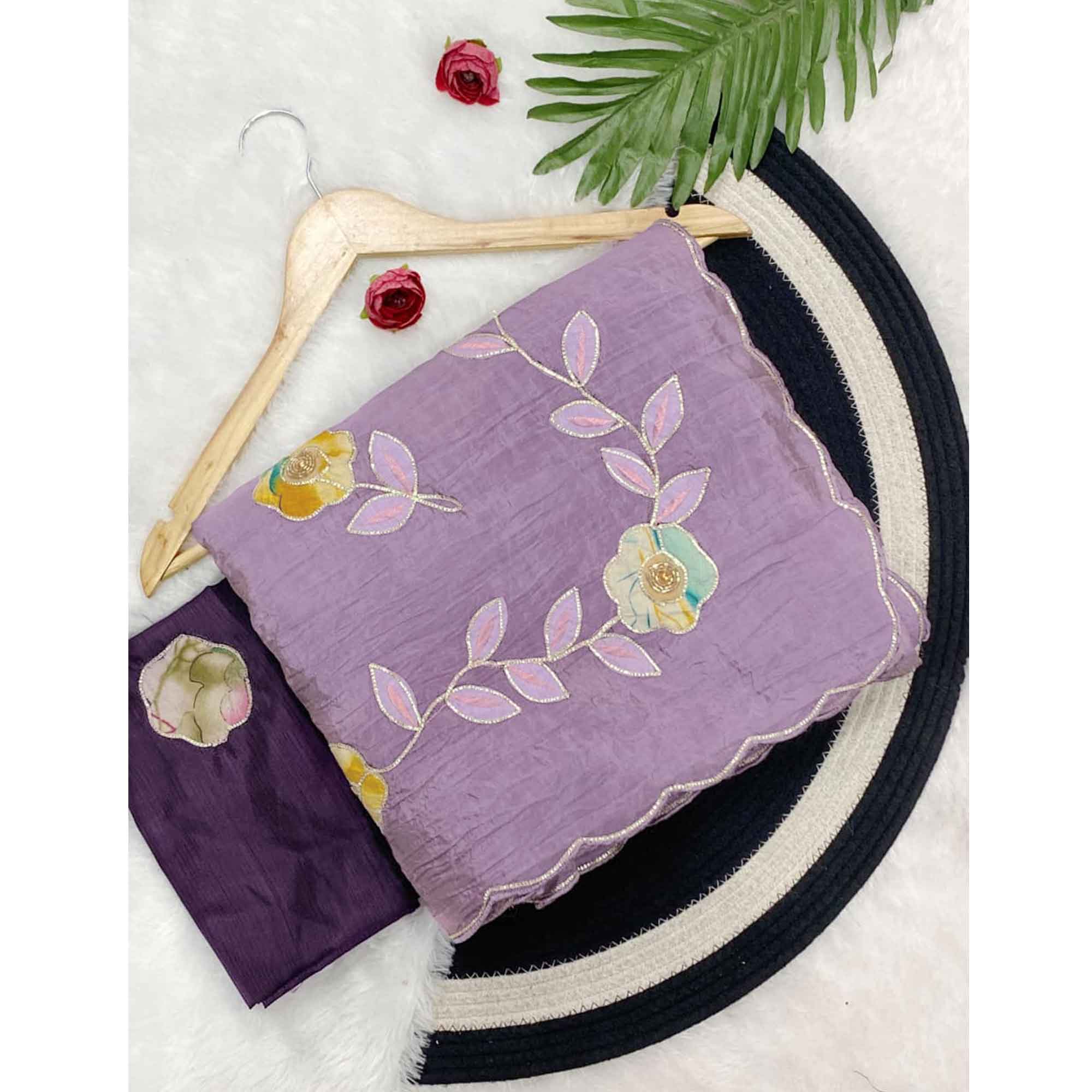 Purple Crush-Style Silk Blend Saree Enhanced with Beautiful Patch Work Embroidery