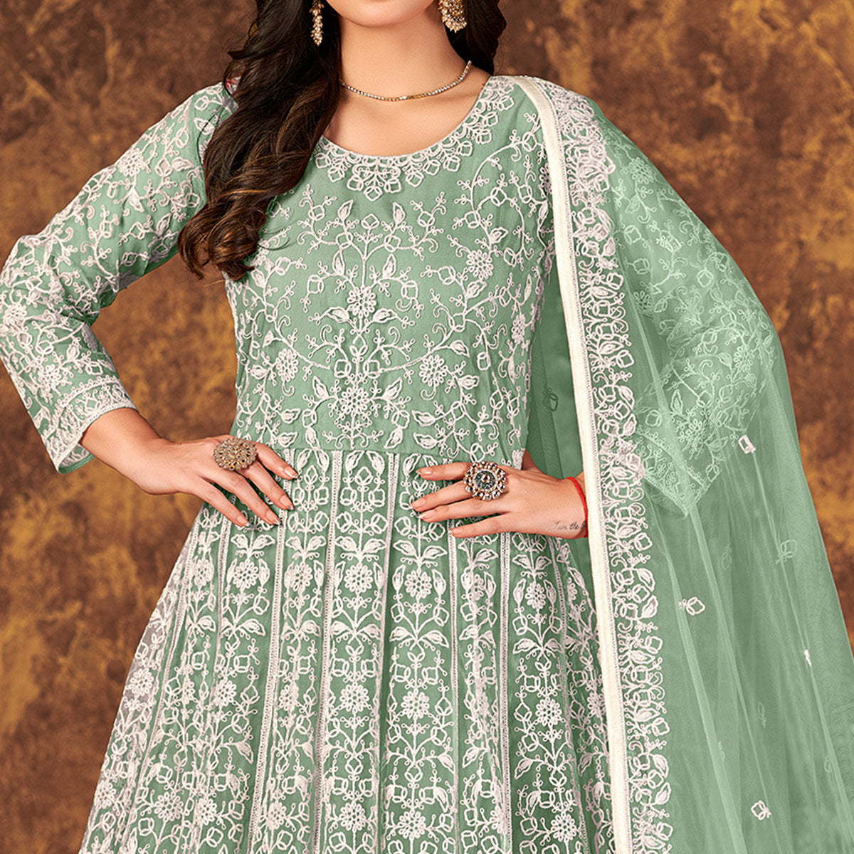 Green Floral Embroidered Net Semi Stitched Dress Material