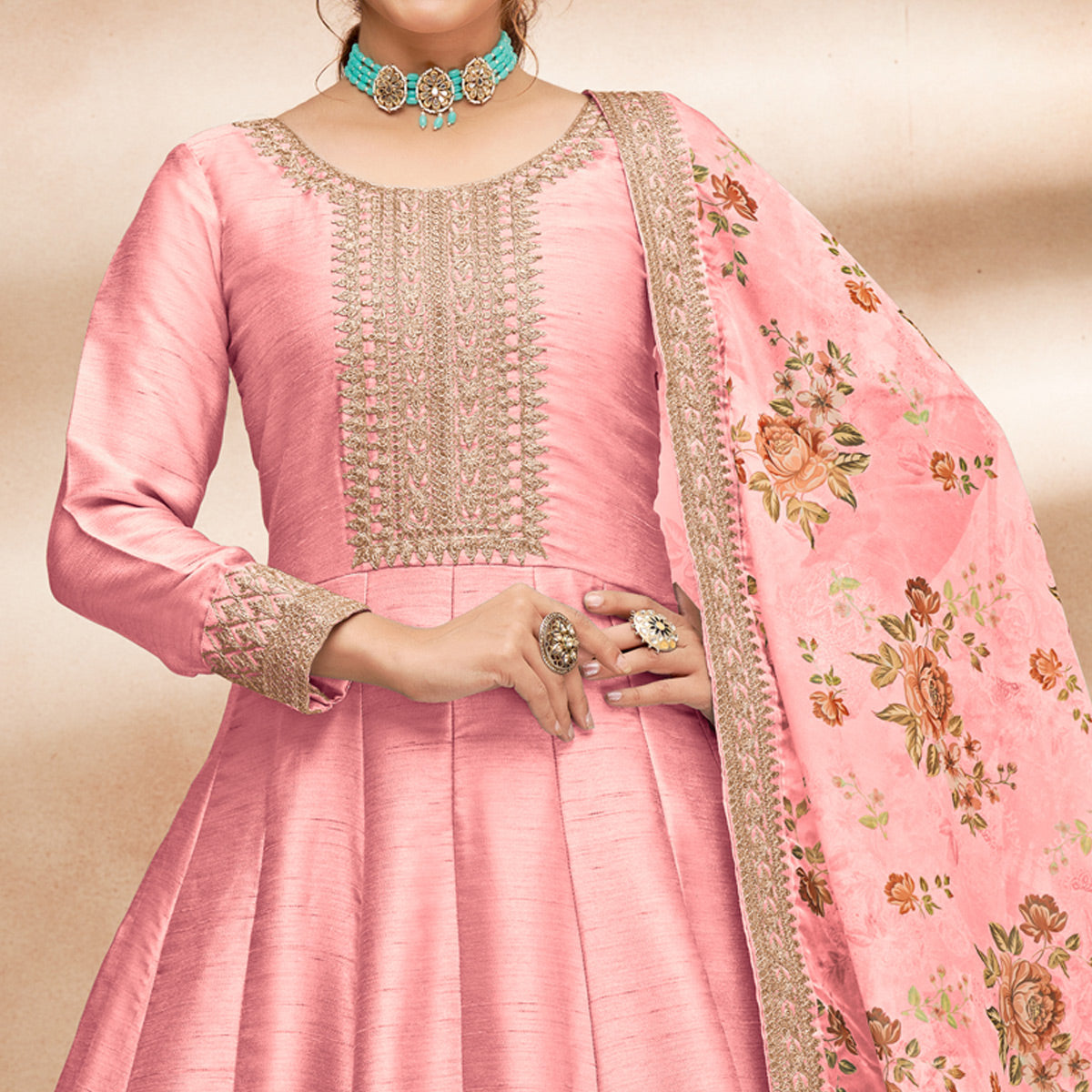 Pink Embroidered Art Silk Semi Stitched Anarkali Suit