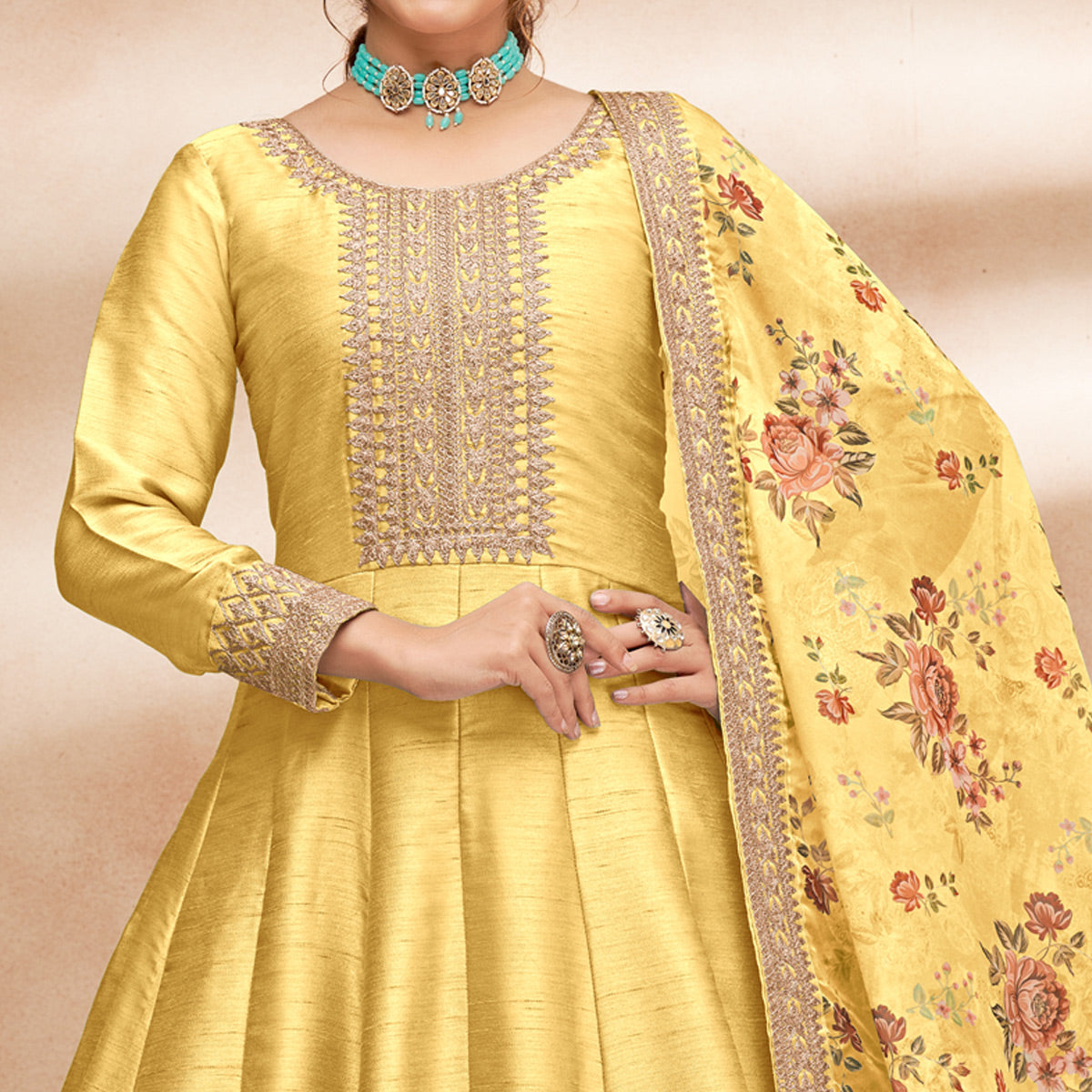 Yellow Embroidered Art Silk Semi Stitched Anarkali Suit