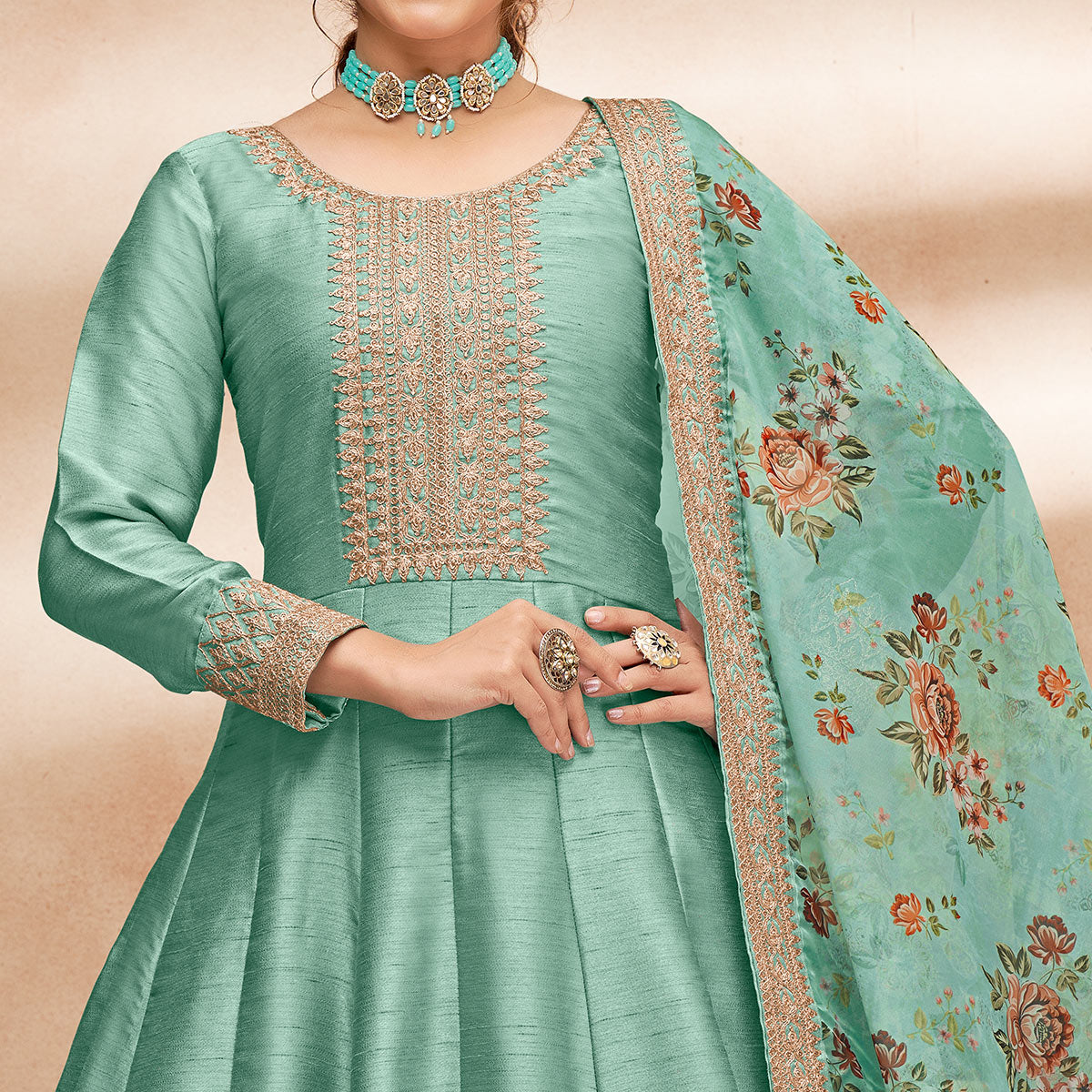 Turquoise  Embroidered Art Silk Semi Stitched Anarkali Suit