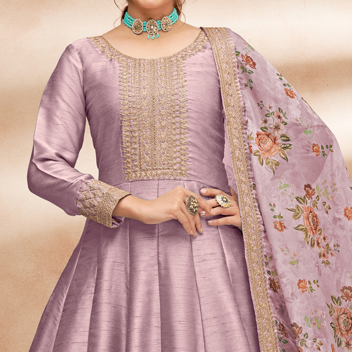Mauve Embroidered Art Silk Semi Stitched Anarkali Suit