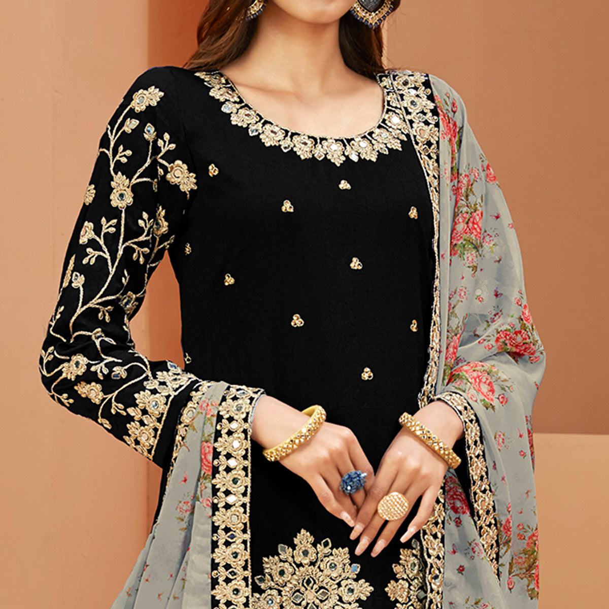 Black Floral Embroidered Art Silk Semi Stitched Patiala Suit