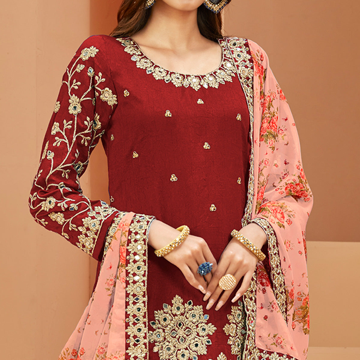 Red Floral Embroidered Art Silk Semi Stitched Patiala Suit