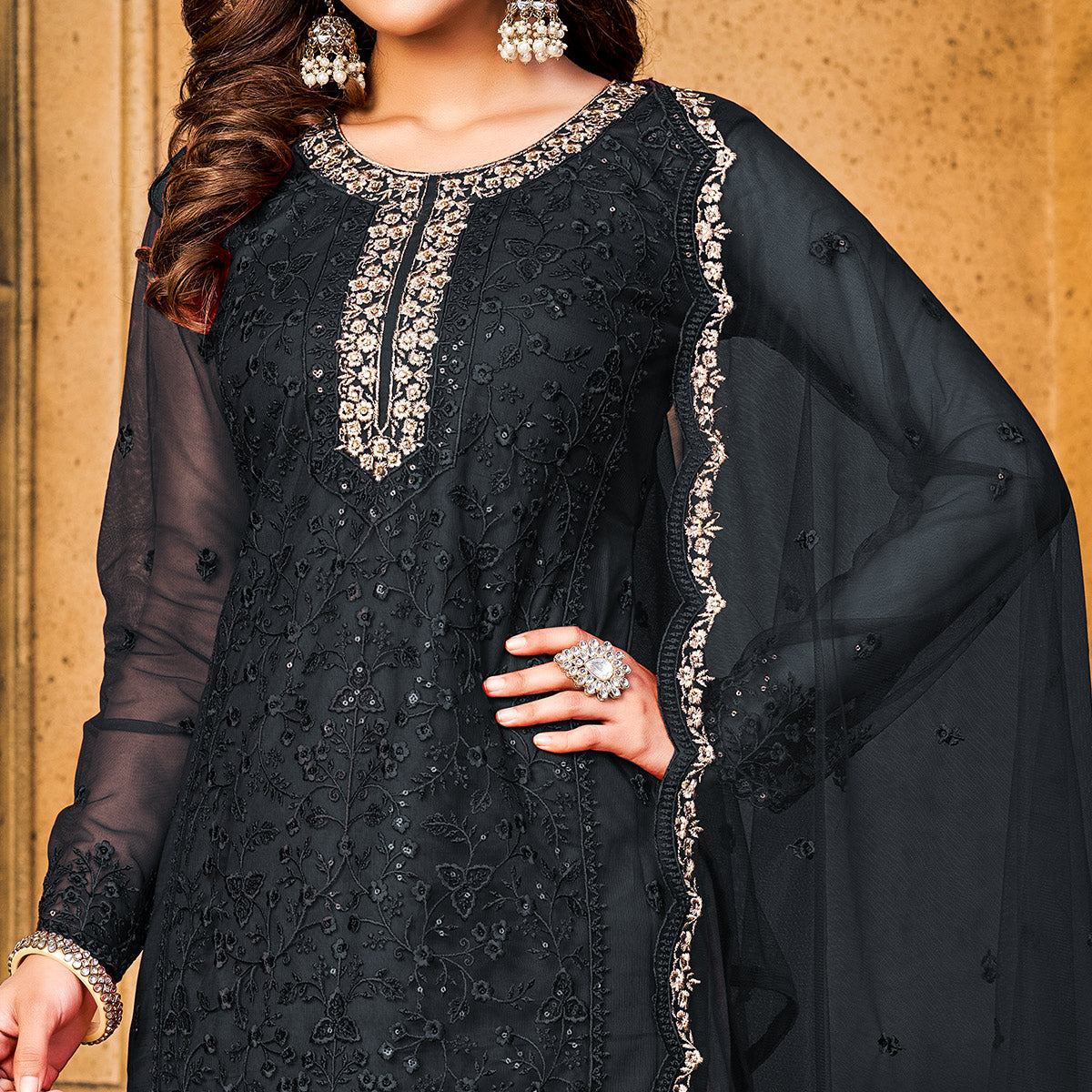 Black Sequins Floral Embroidered Net Semi Stitched Suit