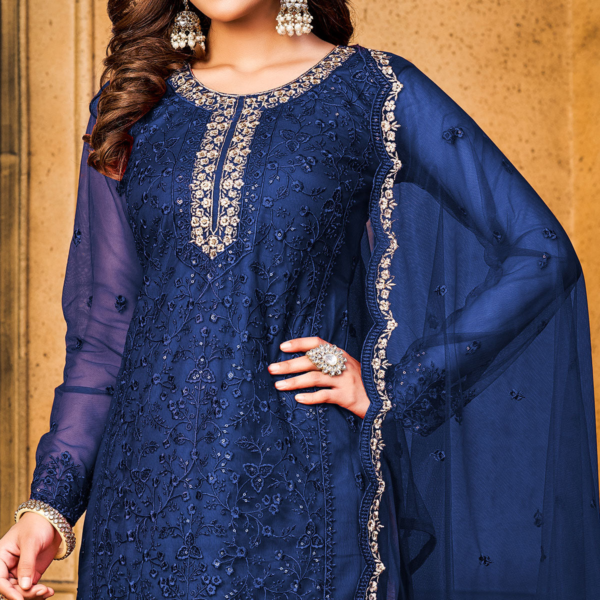 Blue Sequins Floral Embroidered Net Semi Stitched Suit