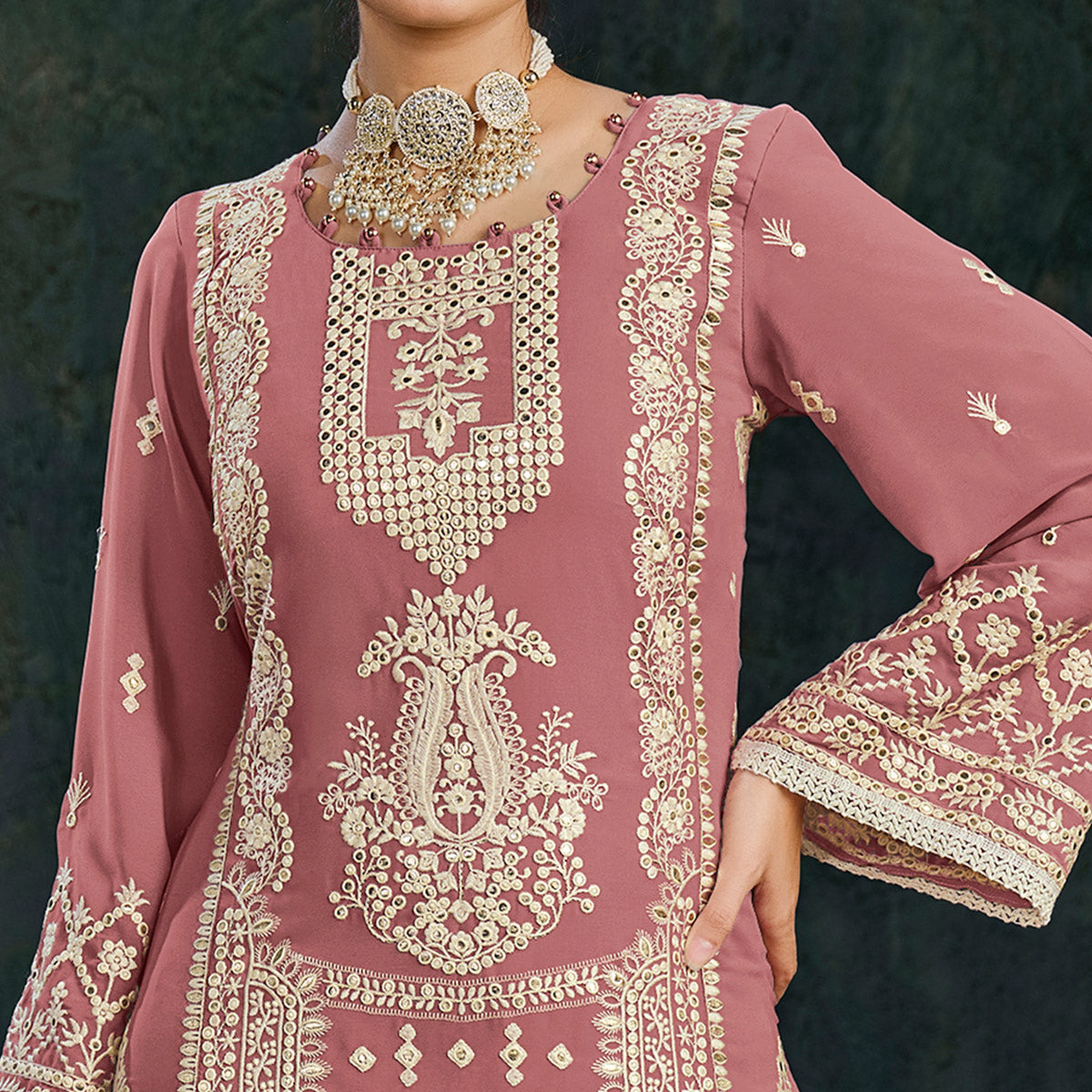 Pink Floral Embroidered Georgette Semi Stitched Palazzo Suit