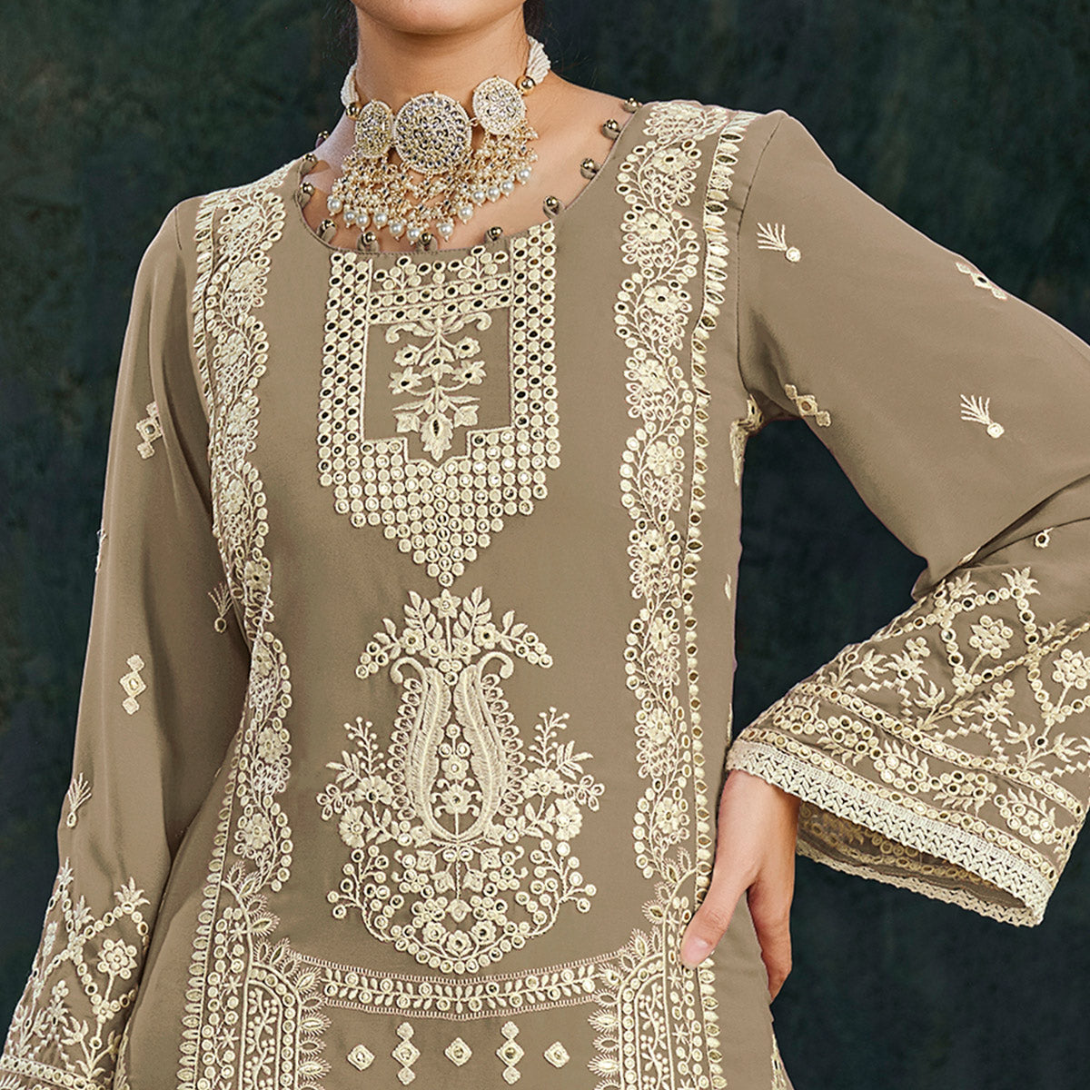 Brown Floral Embroidered Georgette Semi Stitched Palazzo Suit