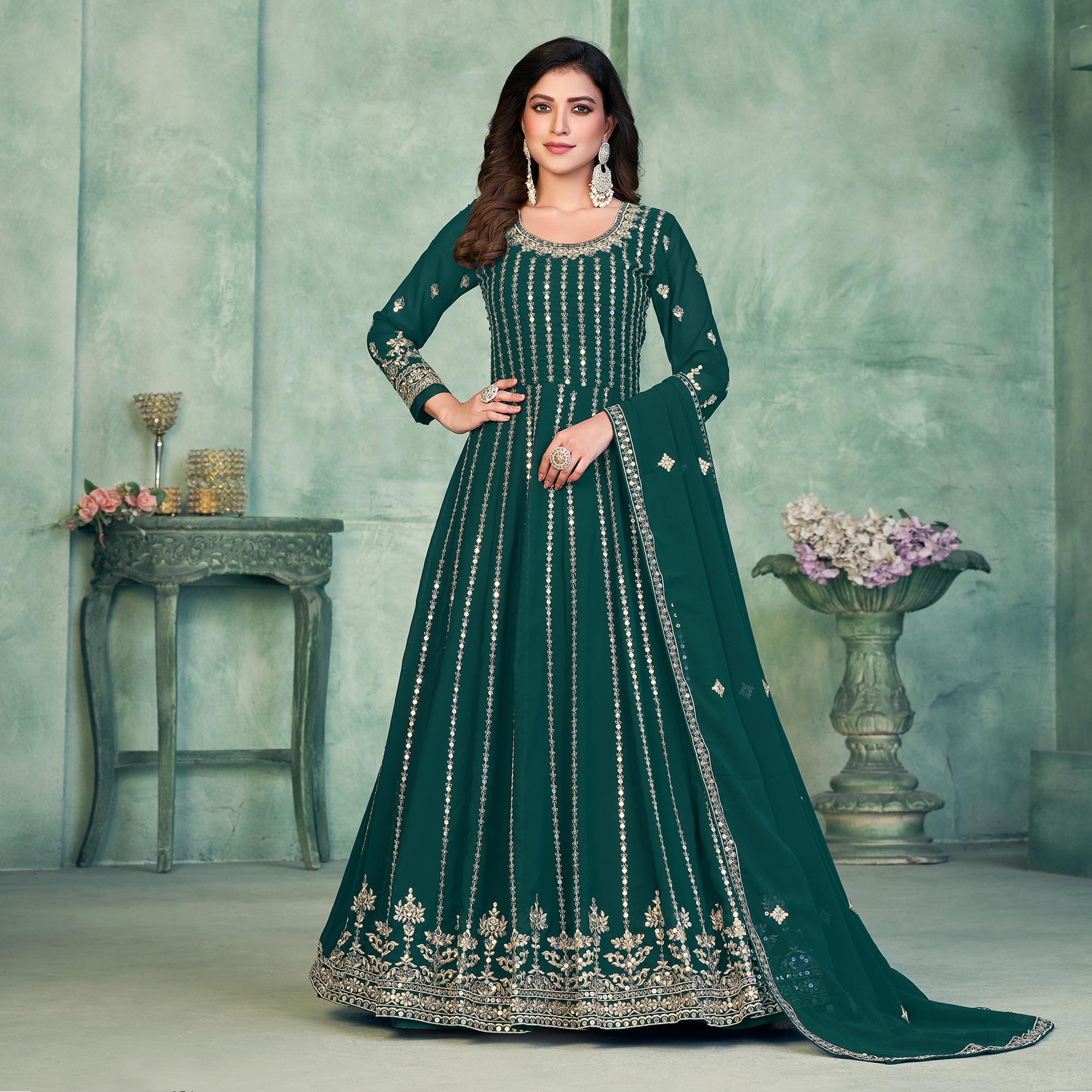 Rama Green Sequins Embroidered Georgette Semi Stitched Anarkali Suit