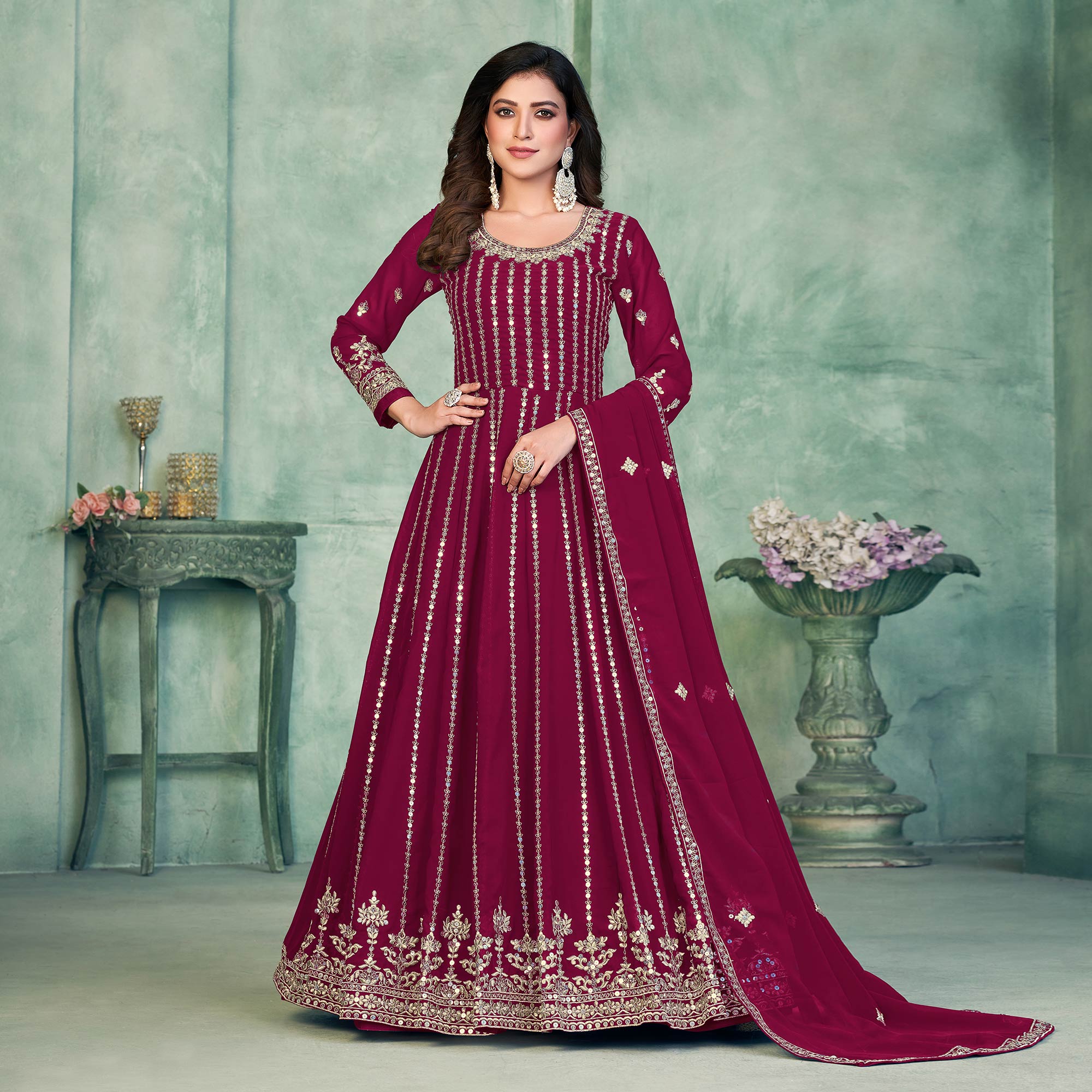 Pink Sequins Embroidered Georgette Semi Stitched Anarkali Suit