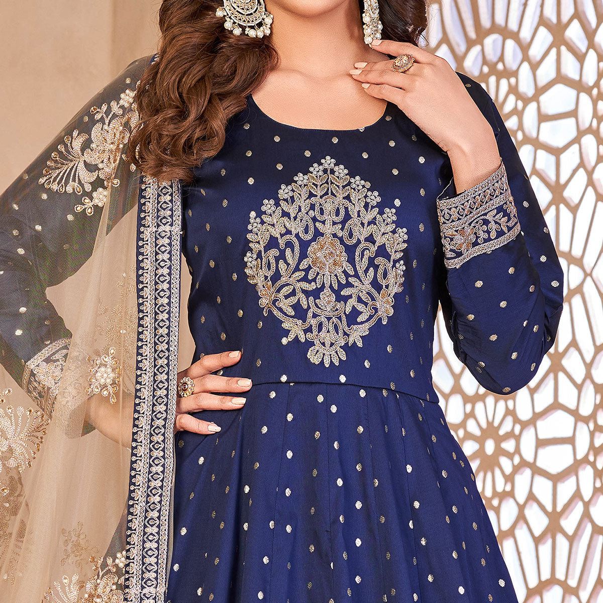 Blue Floral Embroidered Tapetta Silk Semi Stitched Anarkali Suit