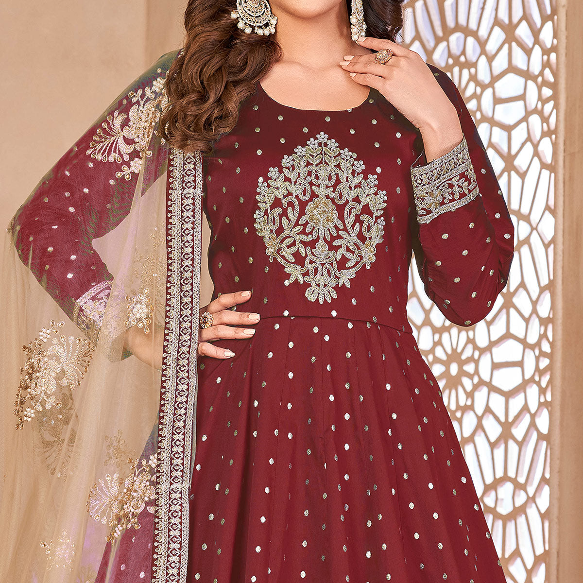 Maroon Floral Embroidered Tapetta Silk Semi Stitched Anarkali Suit