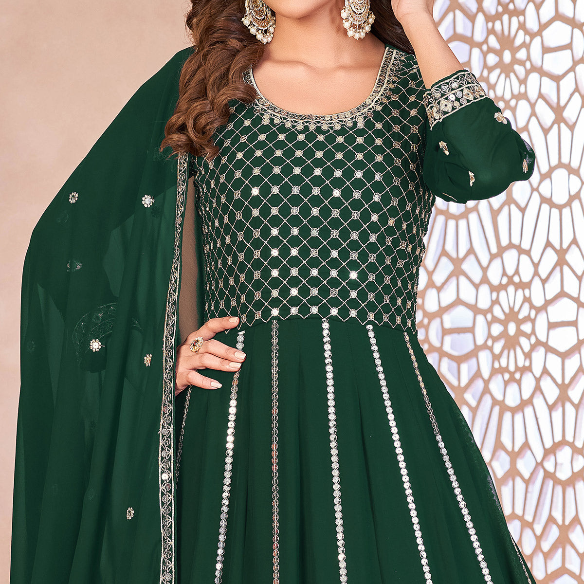 Green Floral Sequins Embroidered Georgette Semi Stitched Anarkali Suit