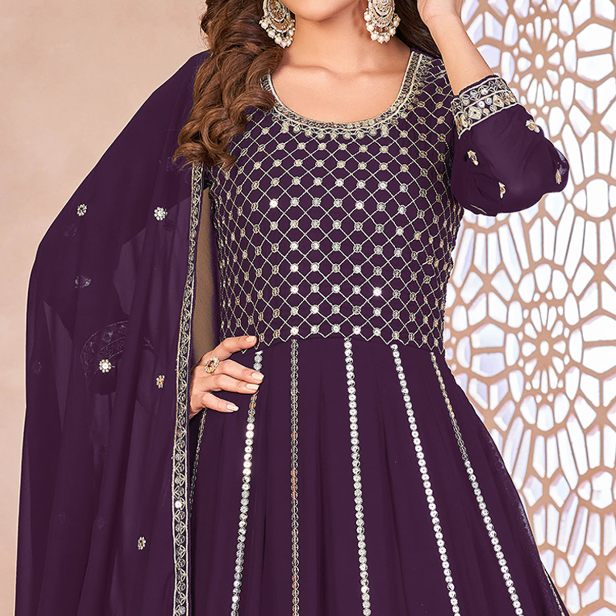 Purple Floral Sequins Embroidered Georgette Semi Stitched Anarkali Suit