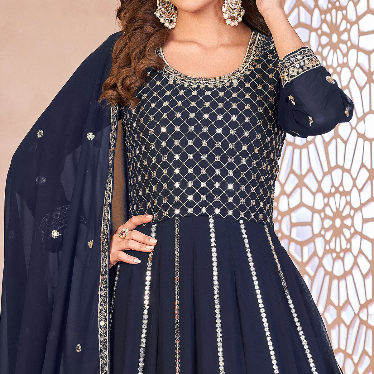 Blue Floral Sequins Embroidered Georgette Semi Stitched Anarkali Suit