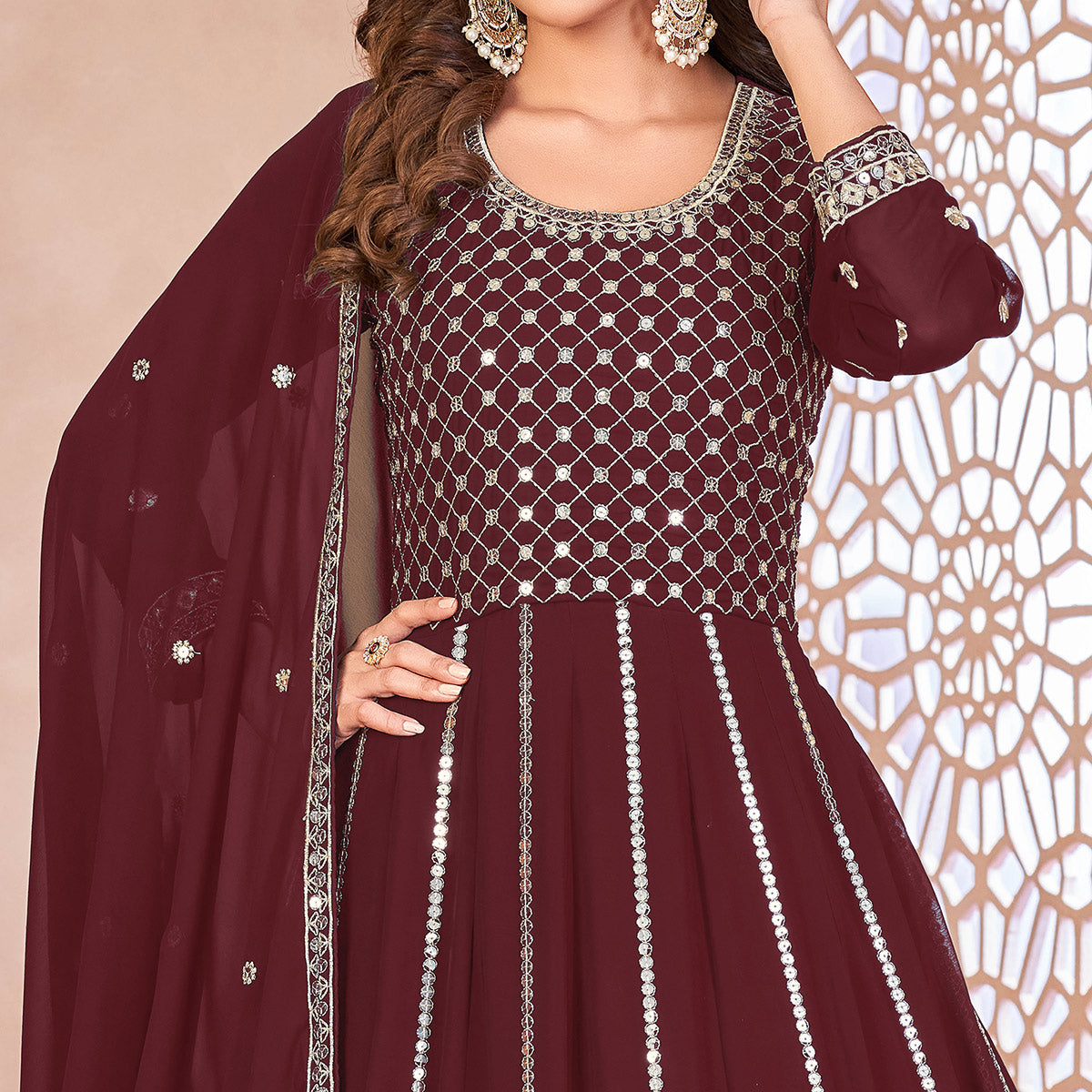 Maroon Floral Sequins Embroidered Georgette Semi Stitched Anarkali Suit