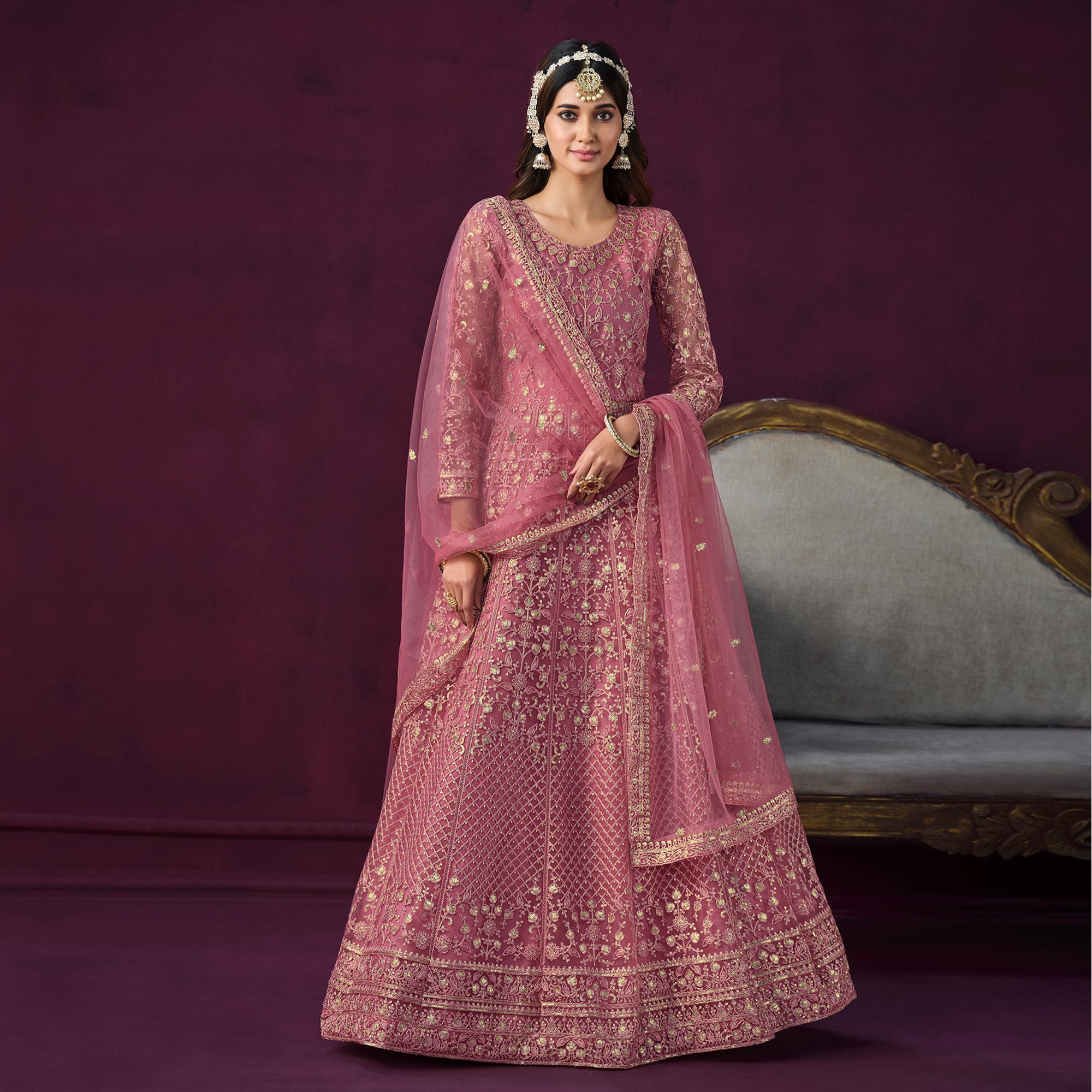 Pink Floral Embroidered Net Semi Stitched Anarkali Suit