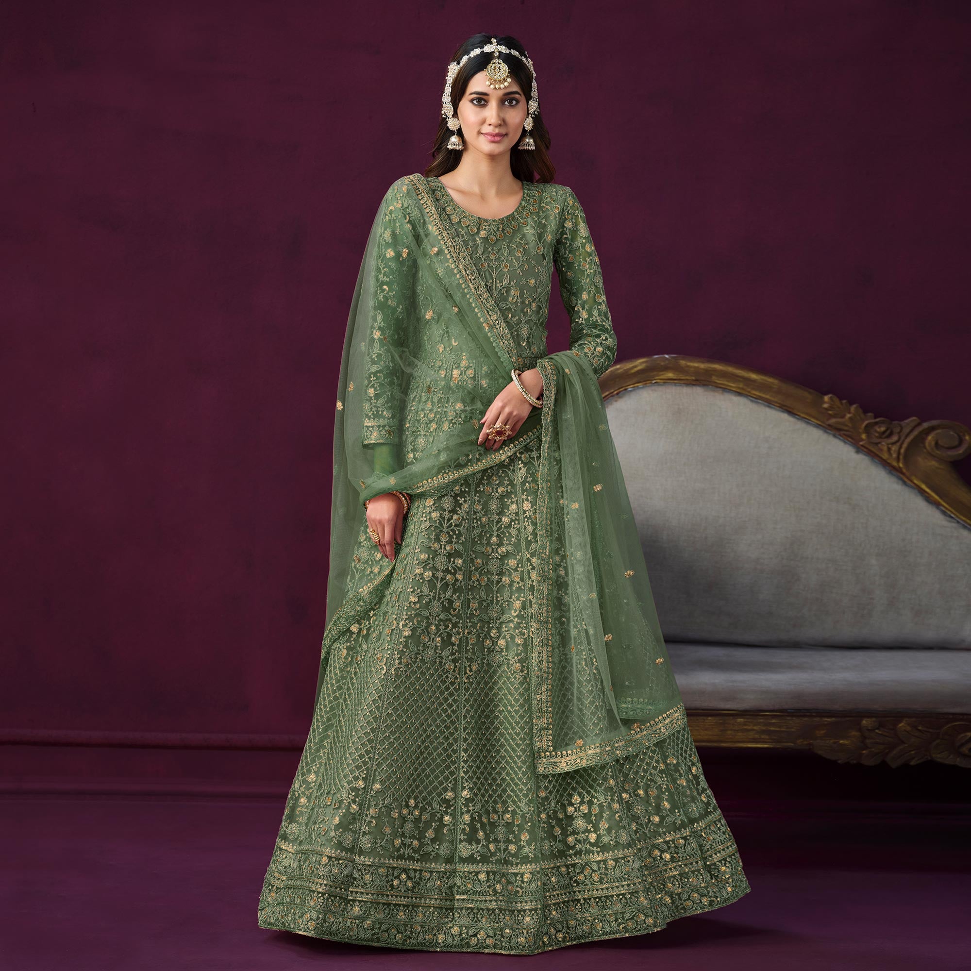 Green Floral Embroidered Net Semi Stitched Anarkali Suit