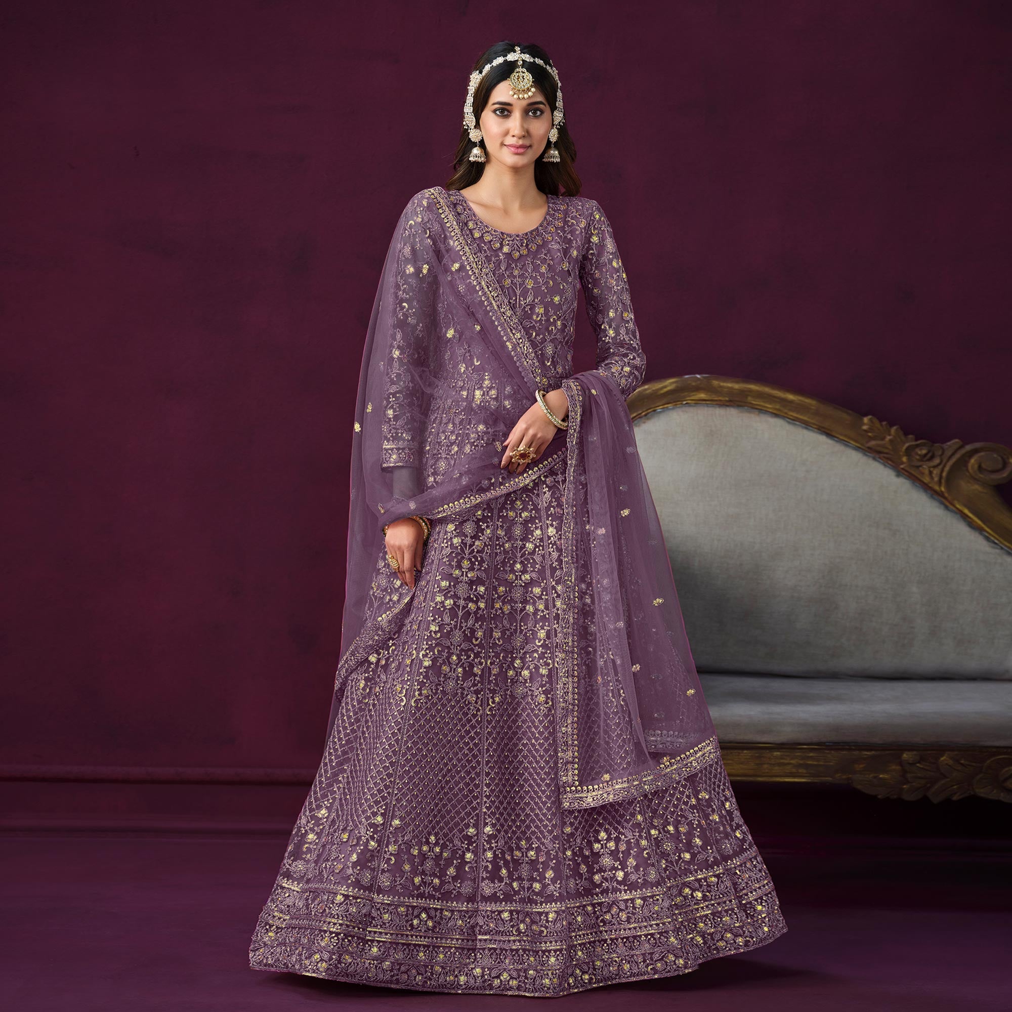 Purple Floral Embroidered Net Semi Stitched Anarkali Suit