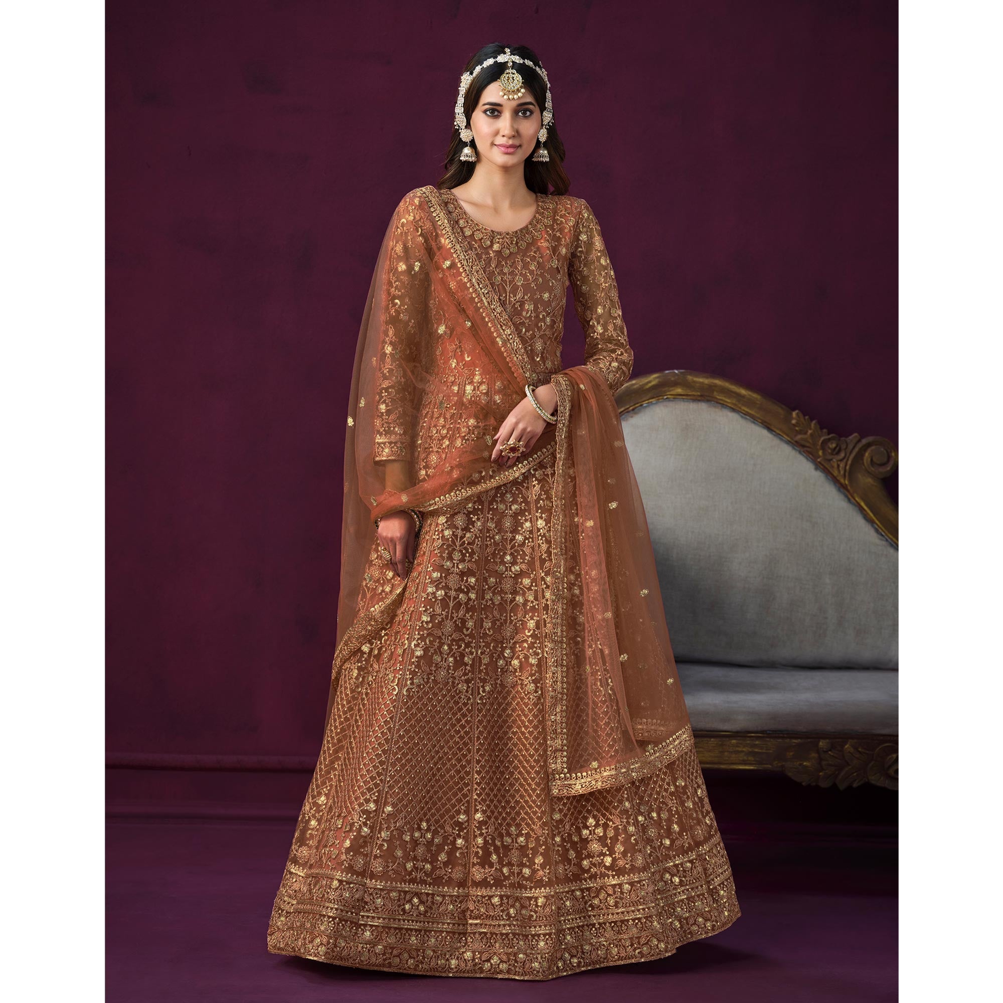 Rust Floral Embroidered Net Semi Stitched Anarkali Suit