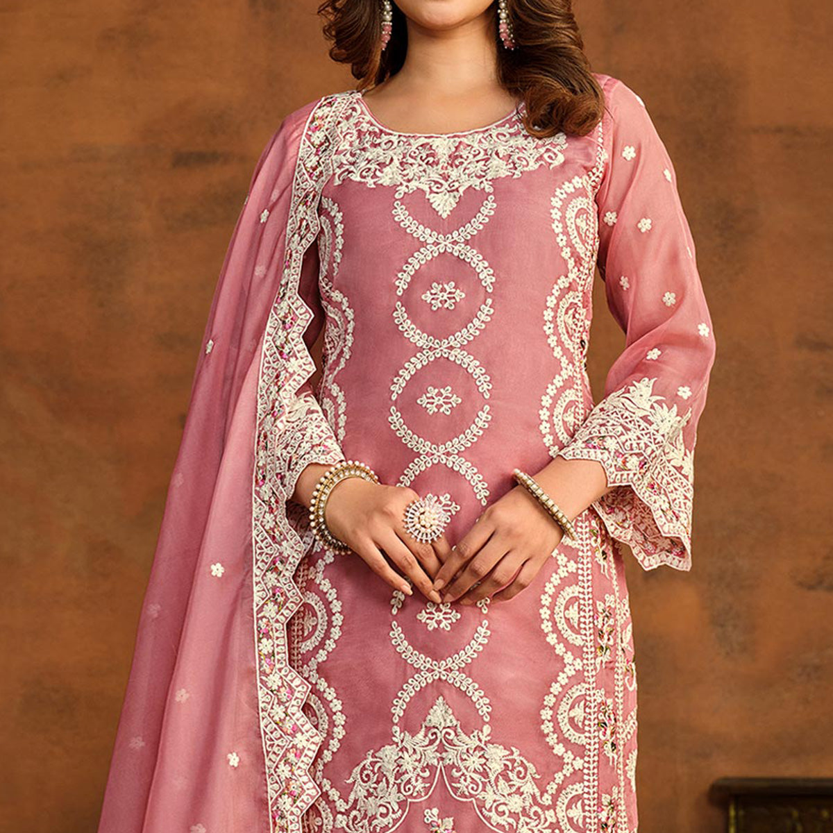 Pink Floral Embroidered Soft Organza Semi Stithed Suit