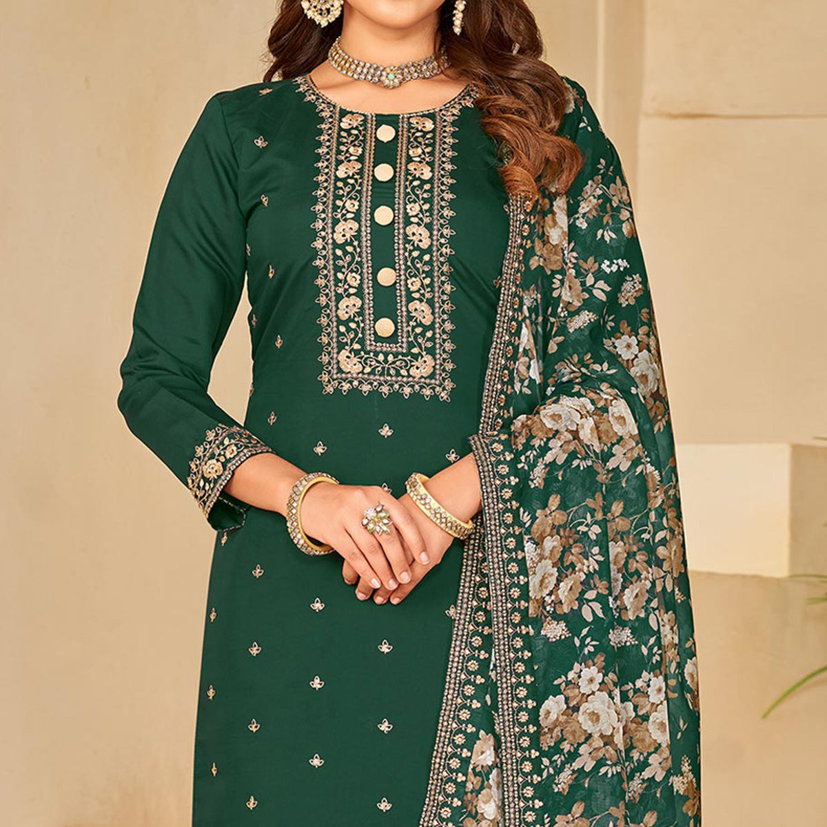 Green Embroidered Pure Silk Semi Stitched Suit