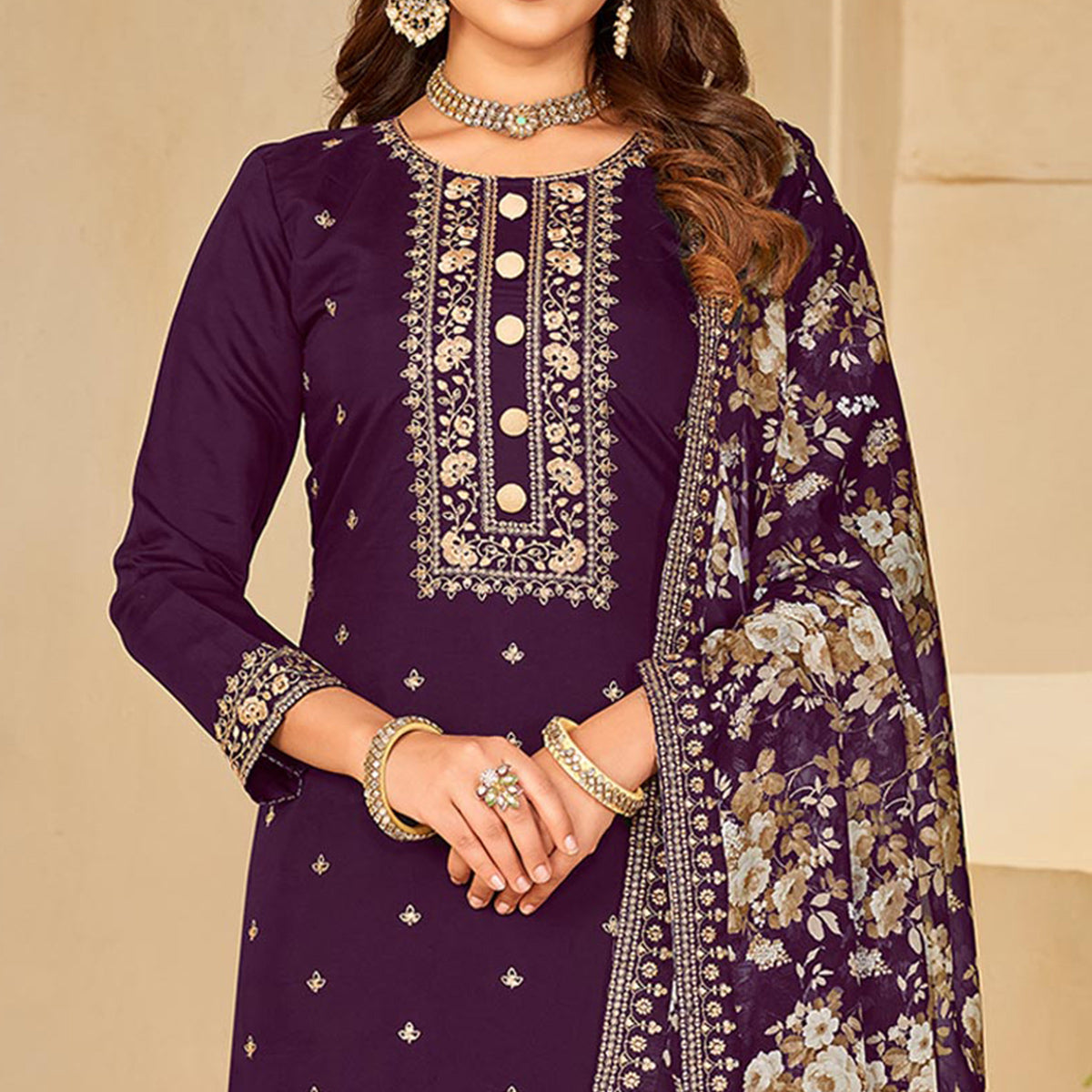 Purple Embroidered Pure Silk Semi Stitched Suit