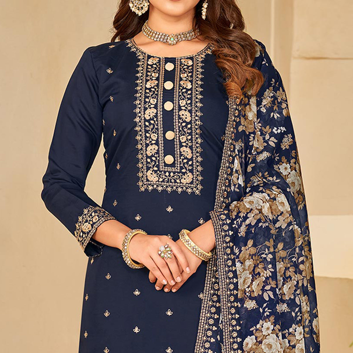 Blue Embroidered Pure Silk Semi Stitched Suit