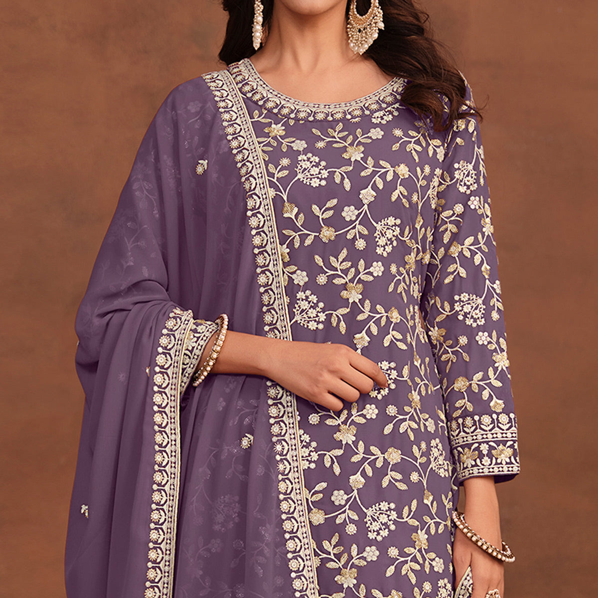 Purple Floral Embroidered Georgette Semi Stithed Suit