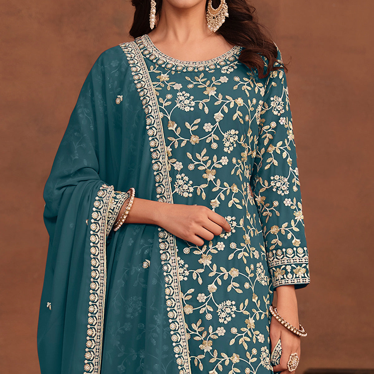 Teal Floral Embroidered Georgette Semi Stithed Suit