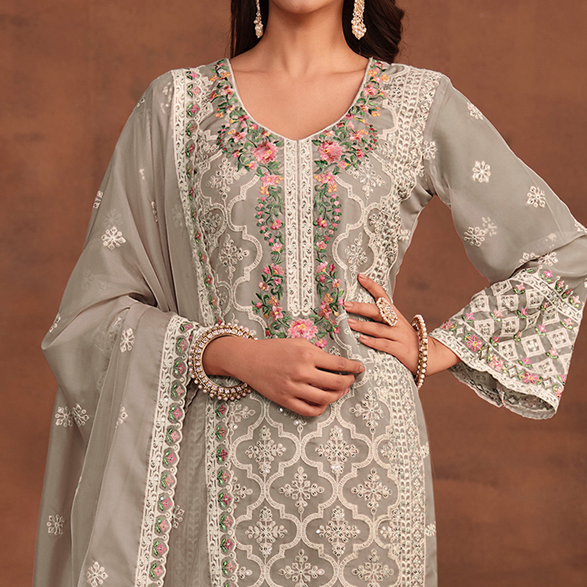Grey Floral Embroidered Organza Semi Stitched Suit