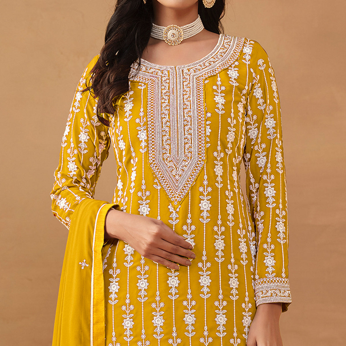 Yellow Floral Embroidered Georgette Semi Stithed Sharara Suit