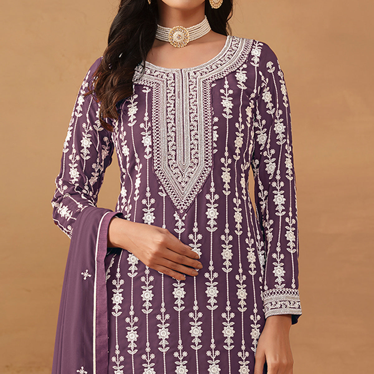 Purple Floral Embroidered Georgette Semi Stithed Sharara Suit