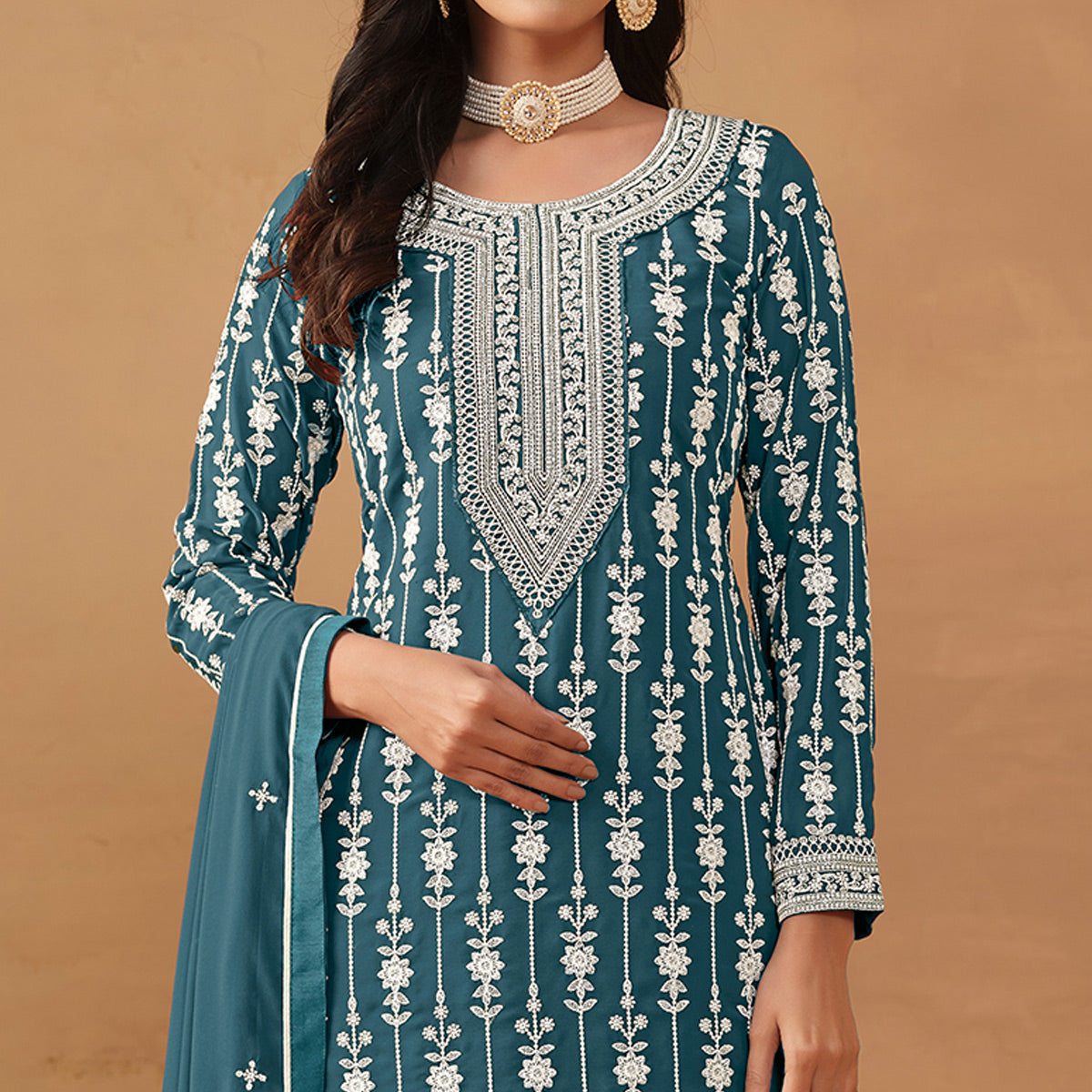 Dusty Turquoise Floral Embroidered Georgette Semi Stithed Sharara Suit