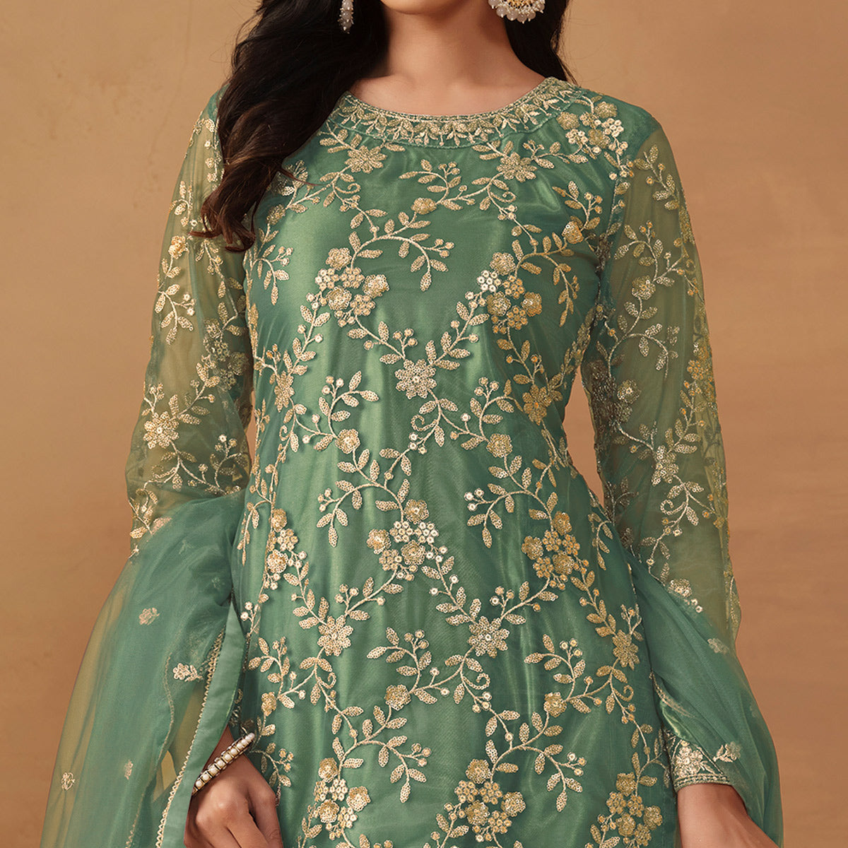 Sea Green Floral Embroidered Net Semi Stitched Sharara Suit