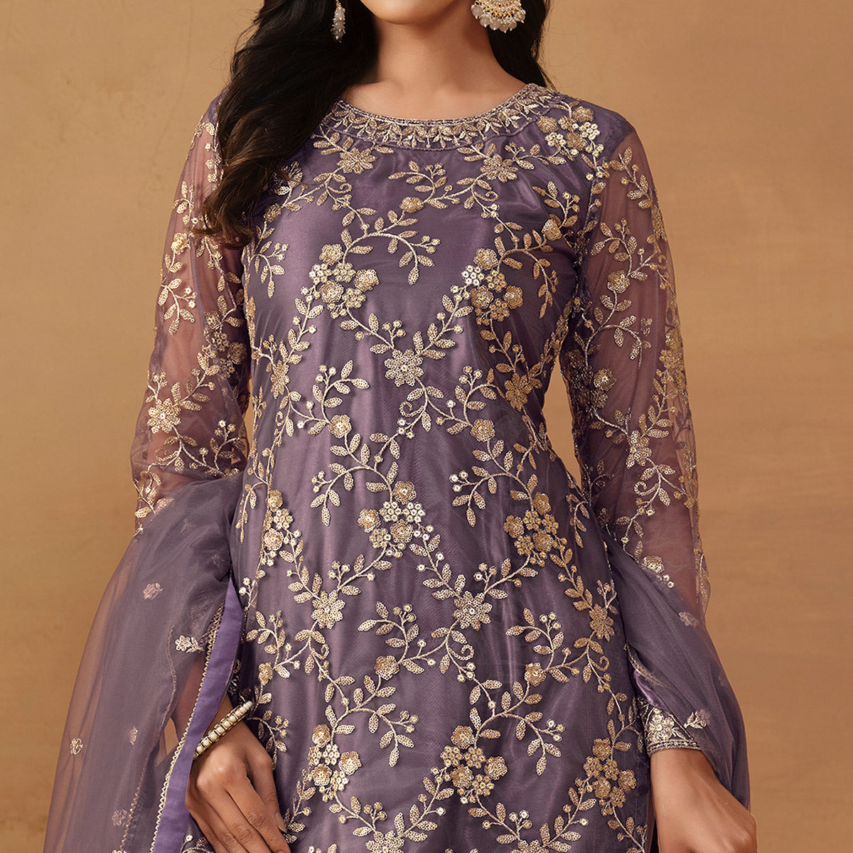 Purple Floral Embroidered Net Semi Stitched Sharara Suit