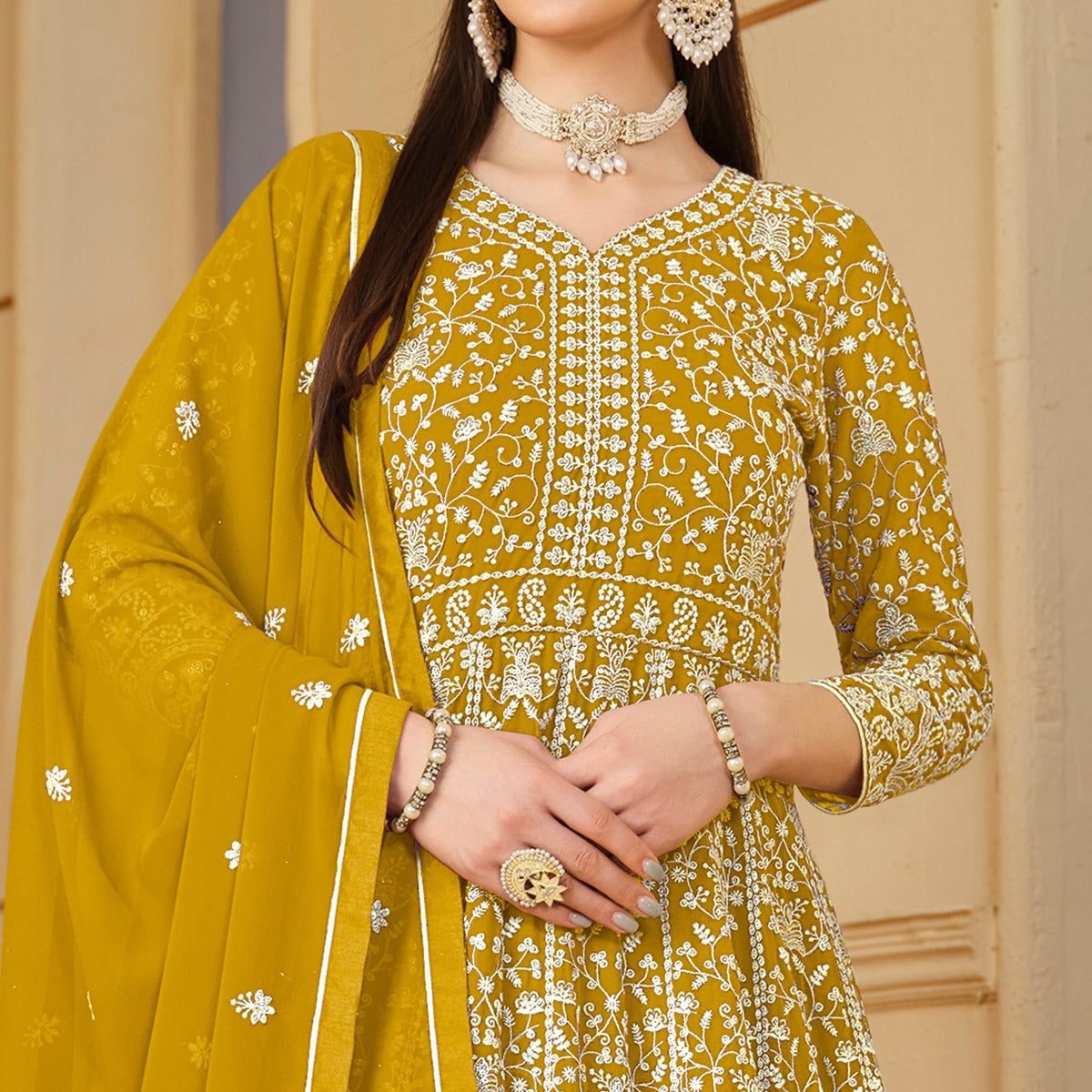 Yellow Floral Embroidered Georgette Semi Stitched Anarkali Suit