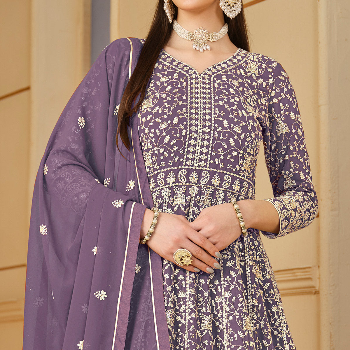 Purple Floral Embroidered Georgette Semi Stitched Anarkali Suit