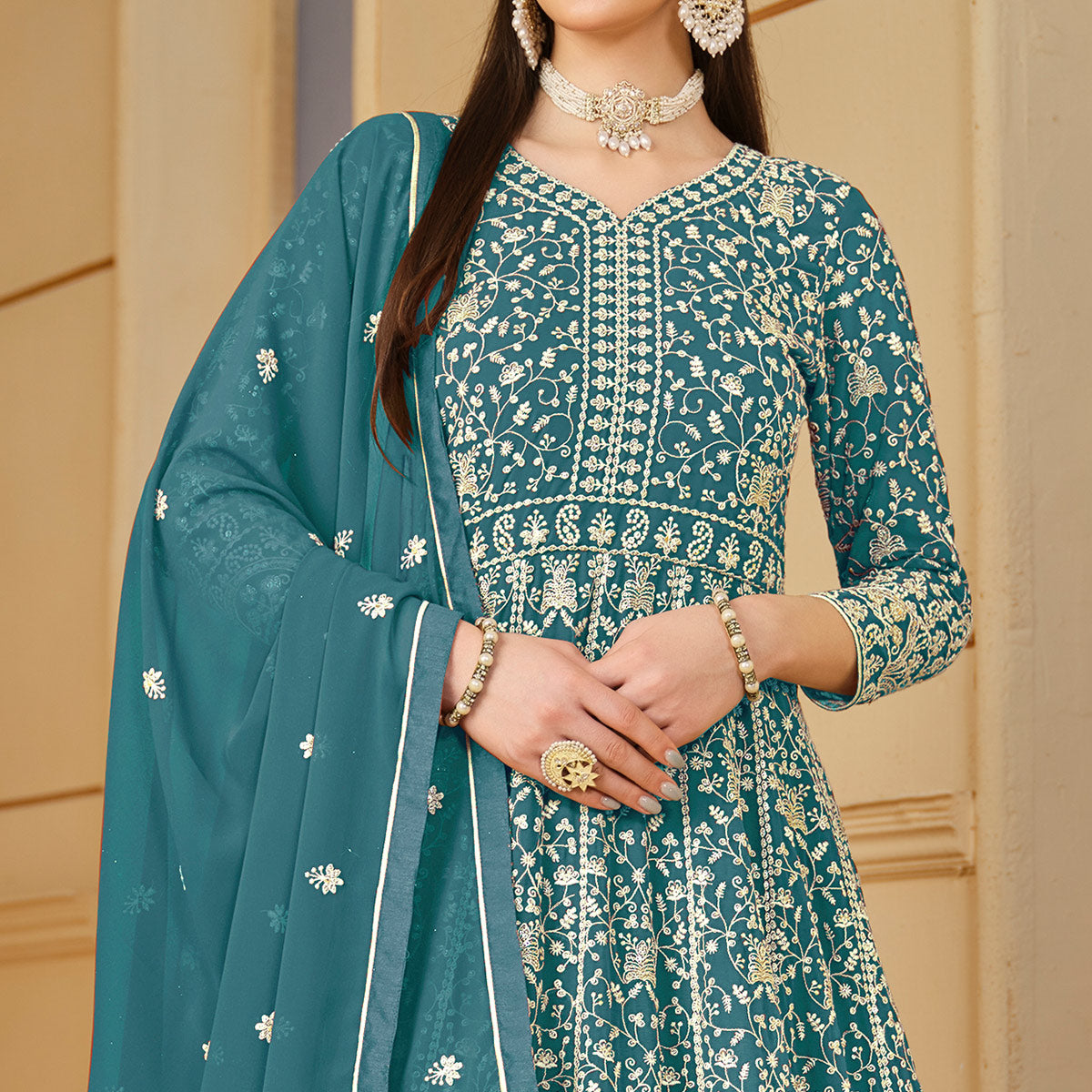 Rama Blue Floral Embroidered Georgette Semi Stitched Anarkali Suit