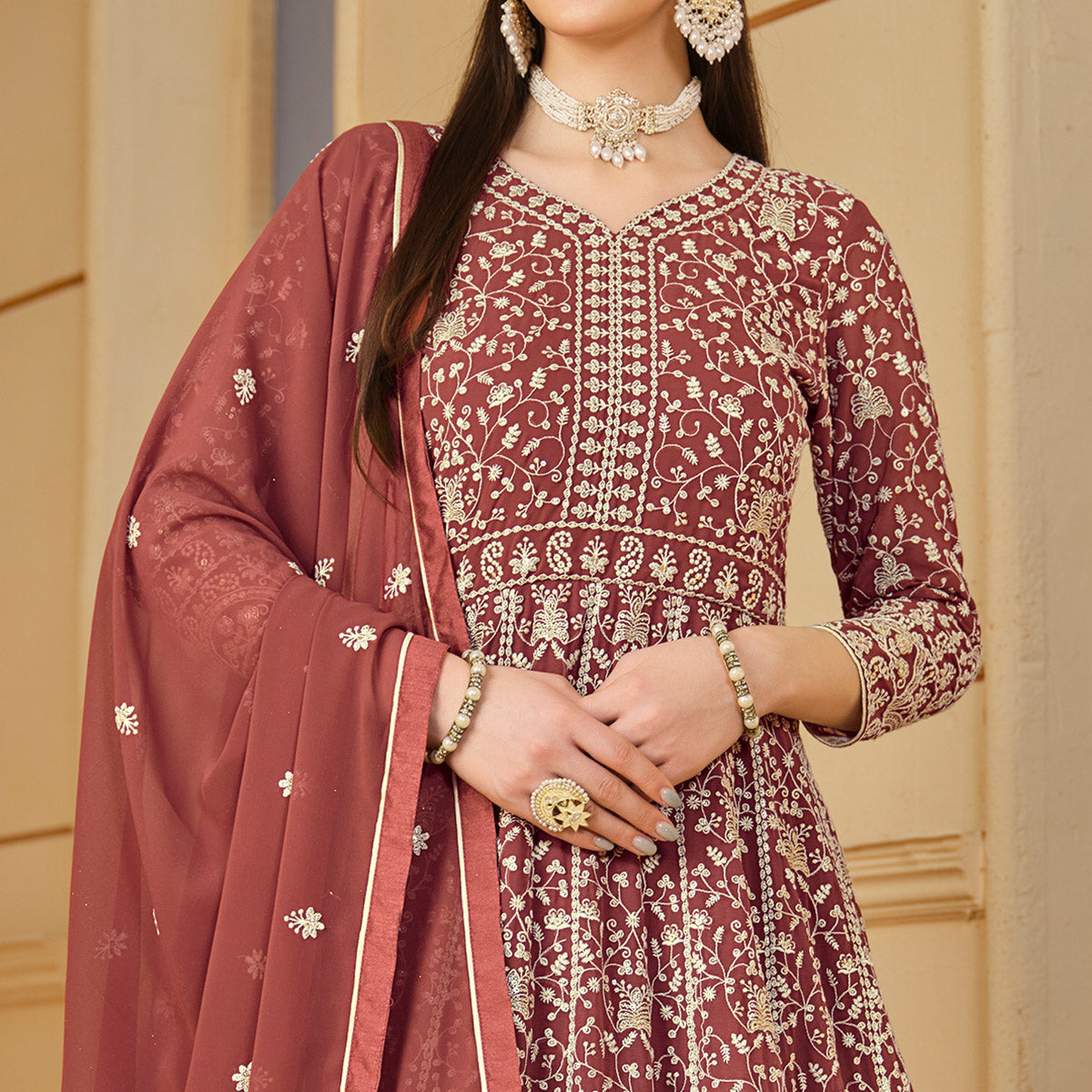 Rust Floral Embroidered Georgette Semi Stitched Anarkali Suit