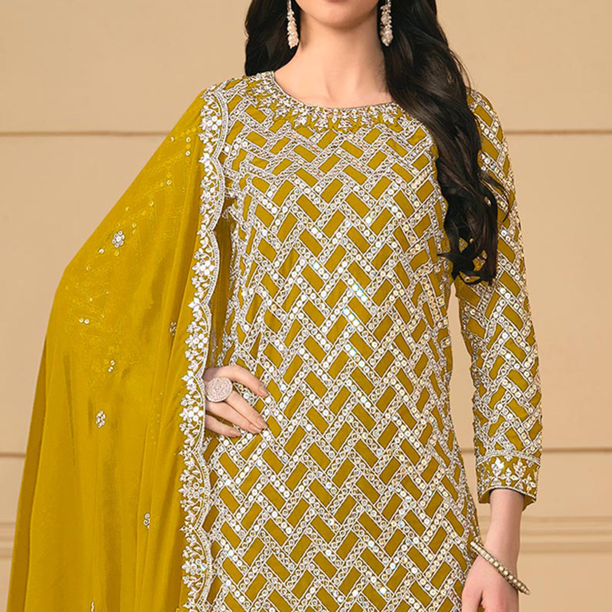 Mustard Sequins Embroidered Georgette Semi Stitched Sharara Suit